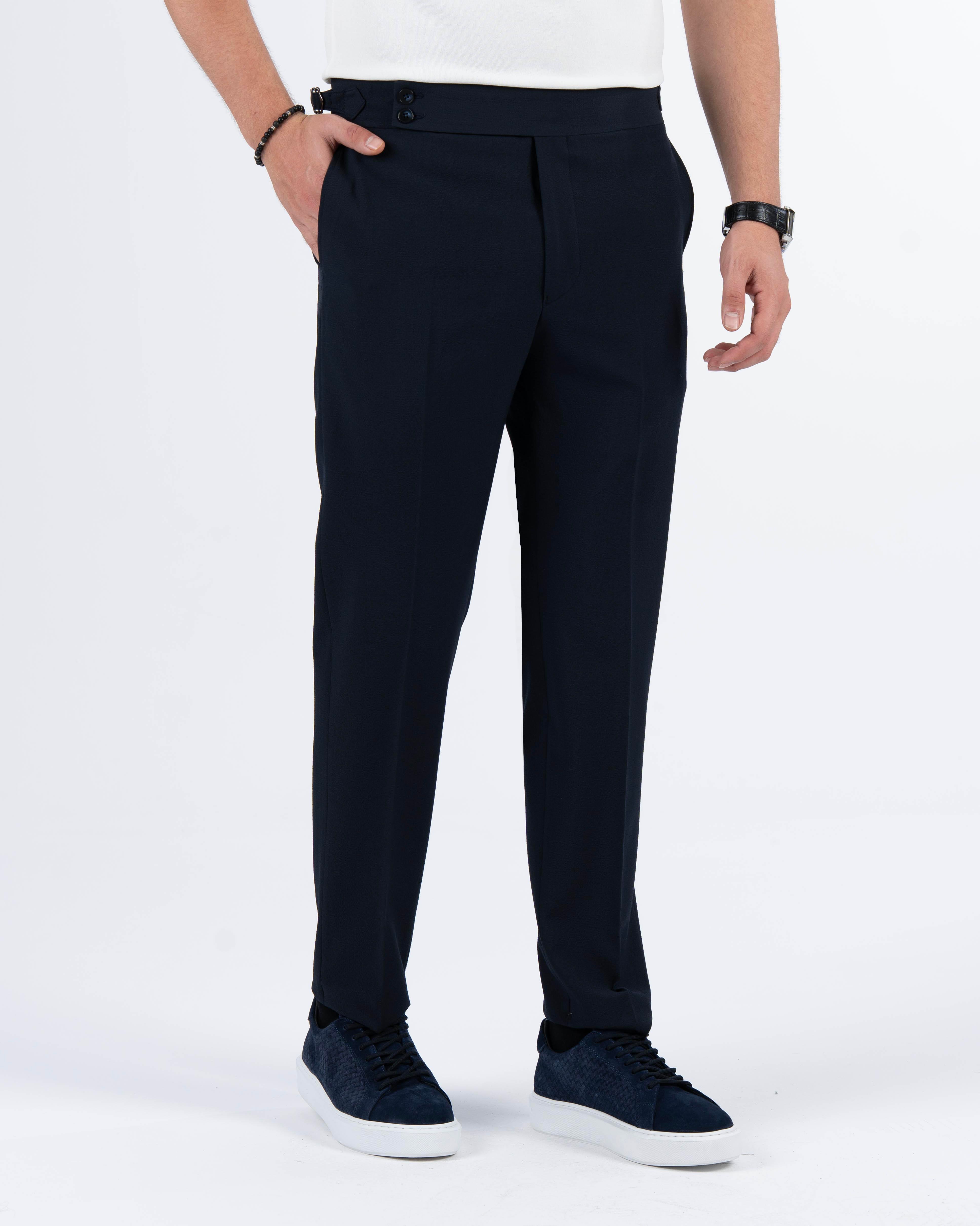 İtalyan stil slim fit gofre kumaş bel detaylı erkek pantolon lacivert T11446