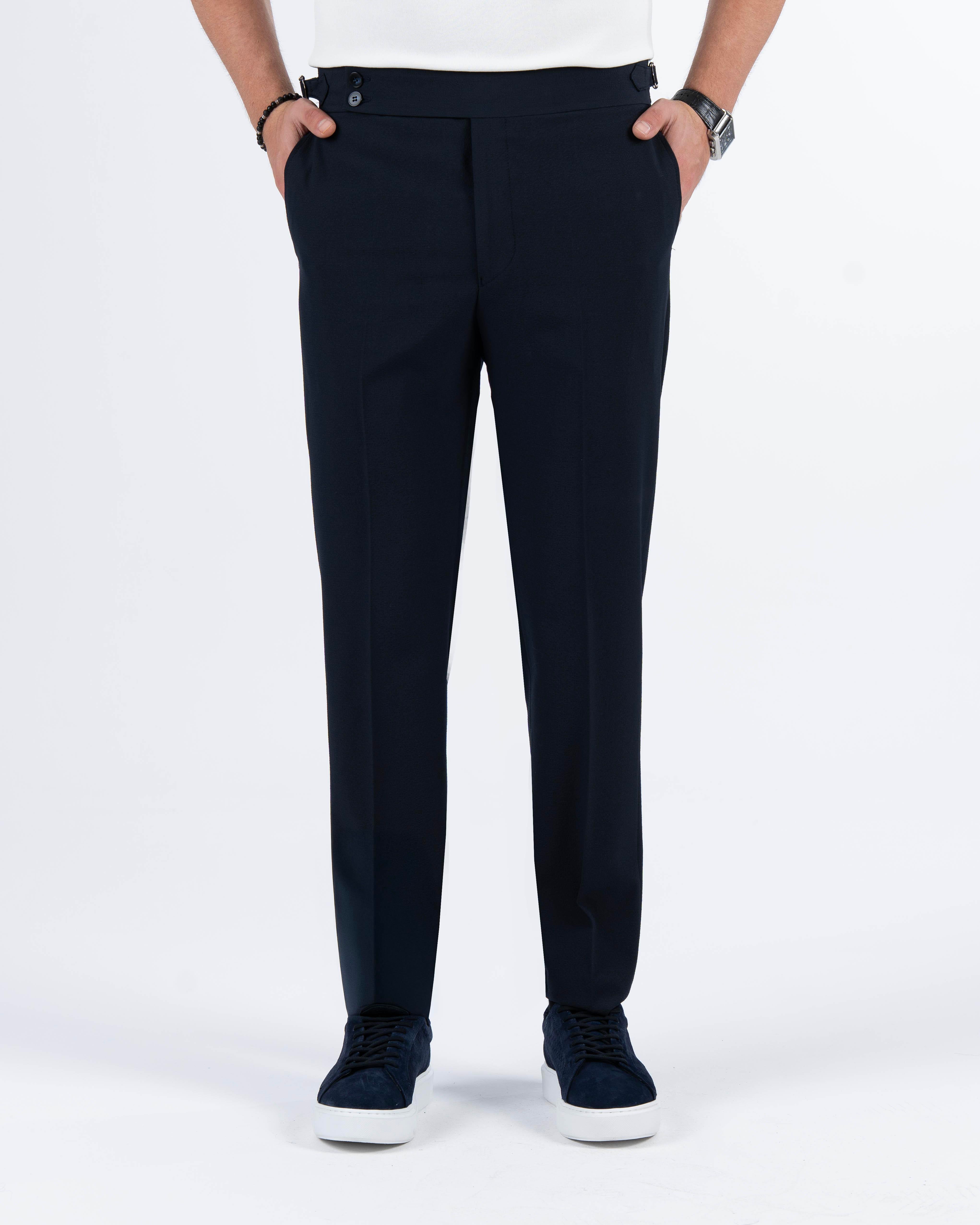 İtalyan stil slim fit gofre kumaş bel detaylı erkek pantolon lacivert T11446