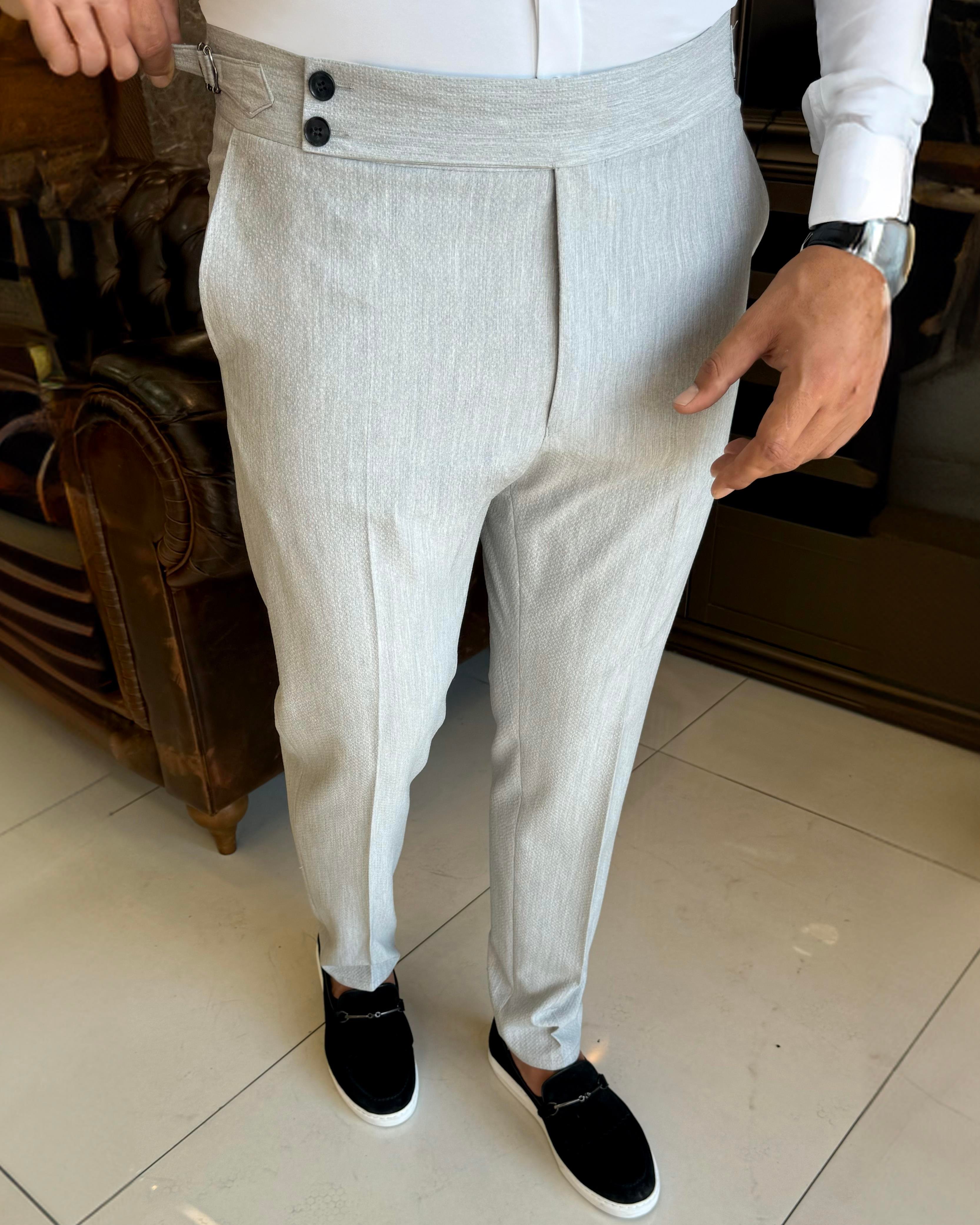 İtalyan stil slim fit gofre kumaş bel detaylı erkek pantolon gri T12618