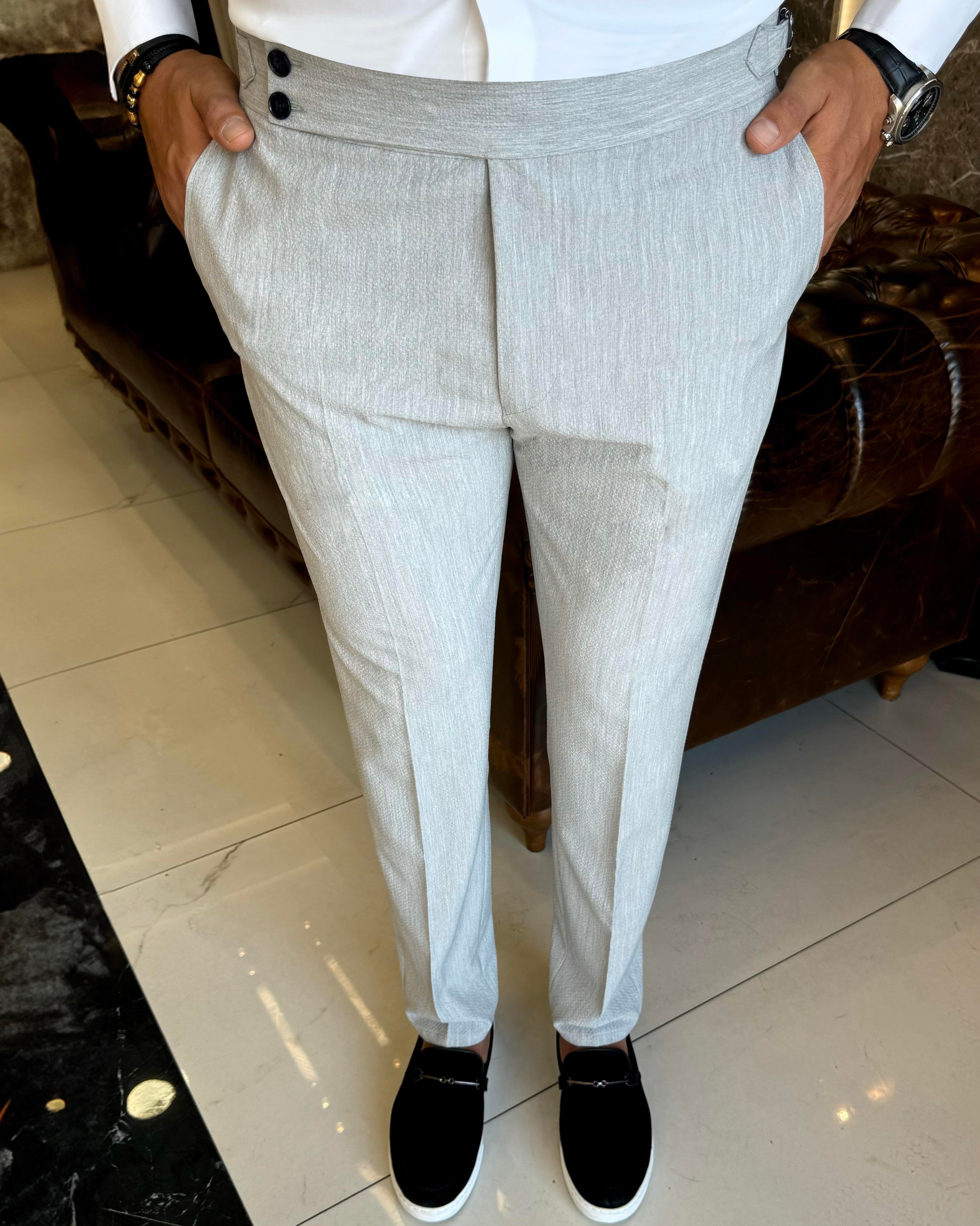 İtalyan stil slim fit gofre kumaş bel detaylı erkek pantolon gri T12618