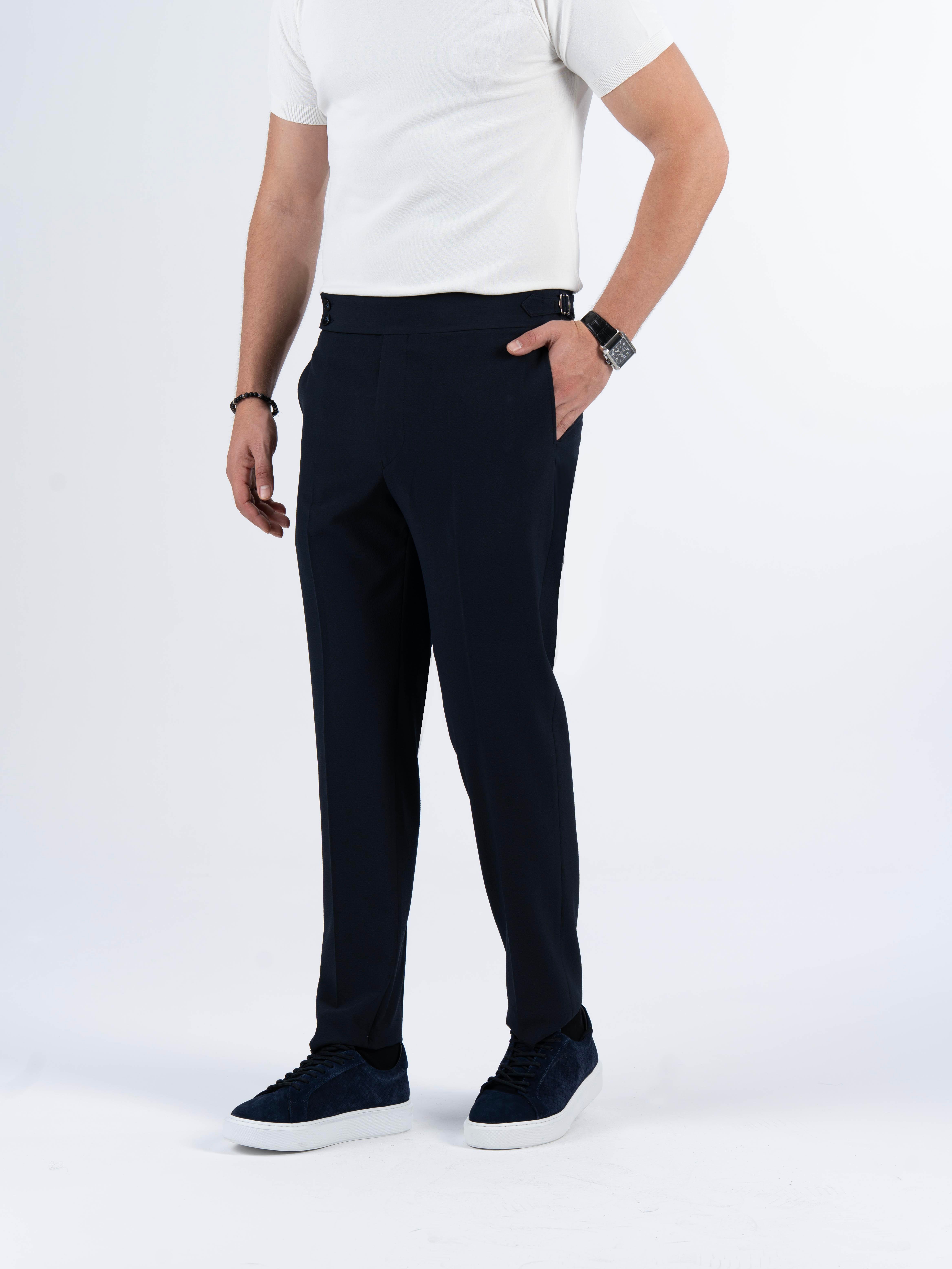 İtalyan stil slim fit gofre kumaş bel detaylı erkek pantolon lacivert T11446
