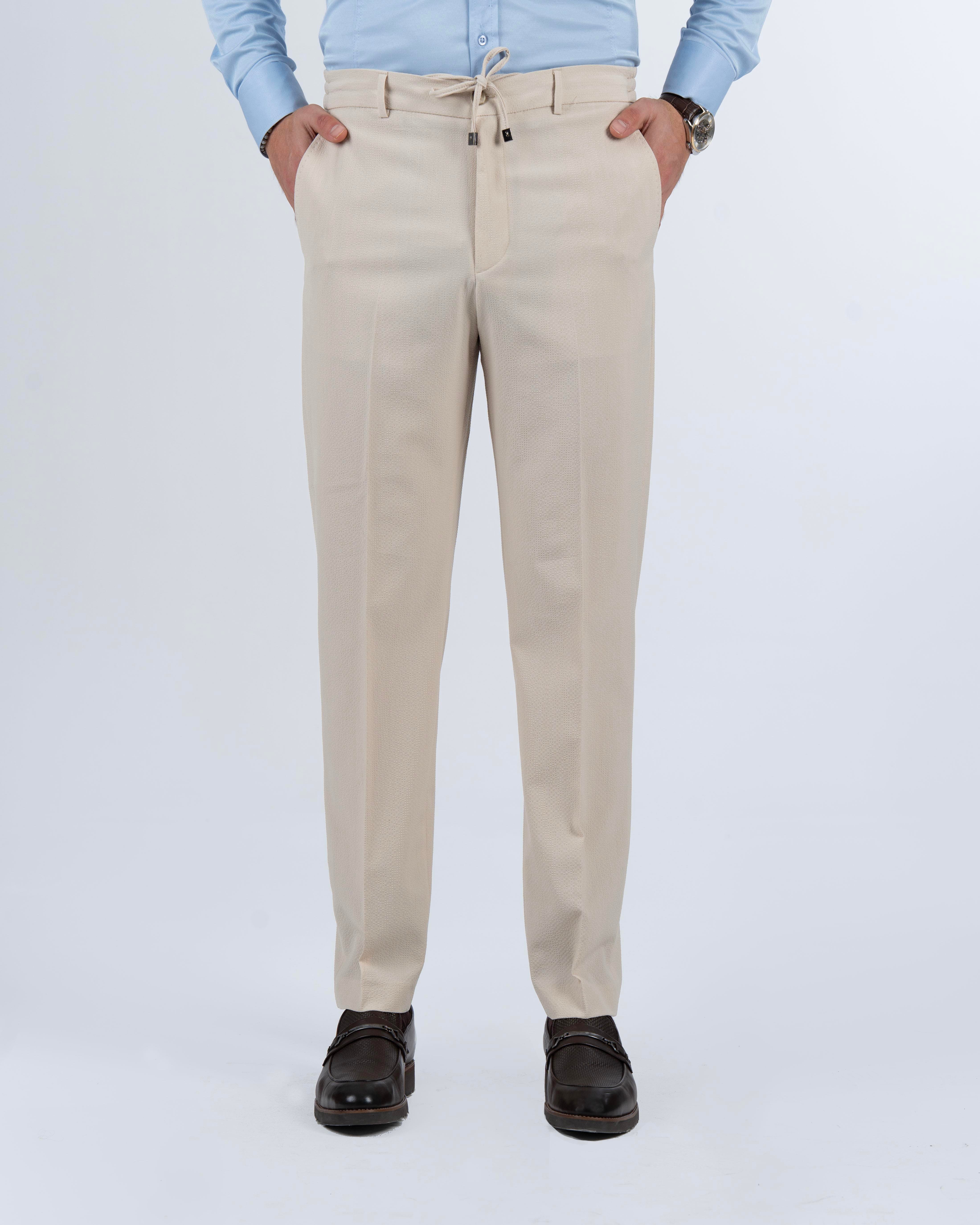 İtalyan stil slim fit gofre kumaş erkek pantolon bej T13955