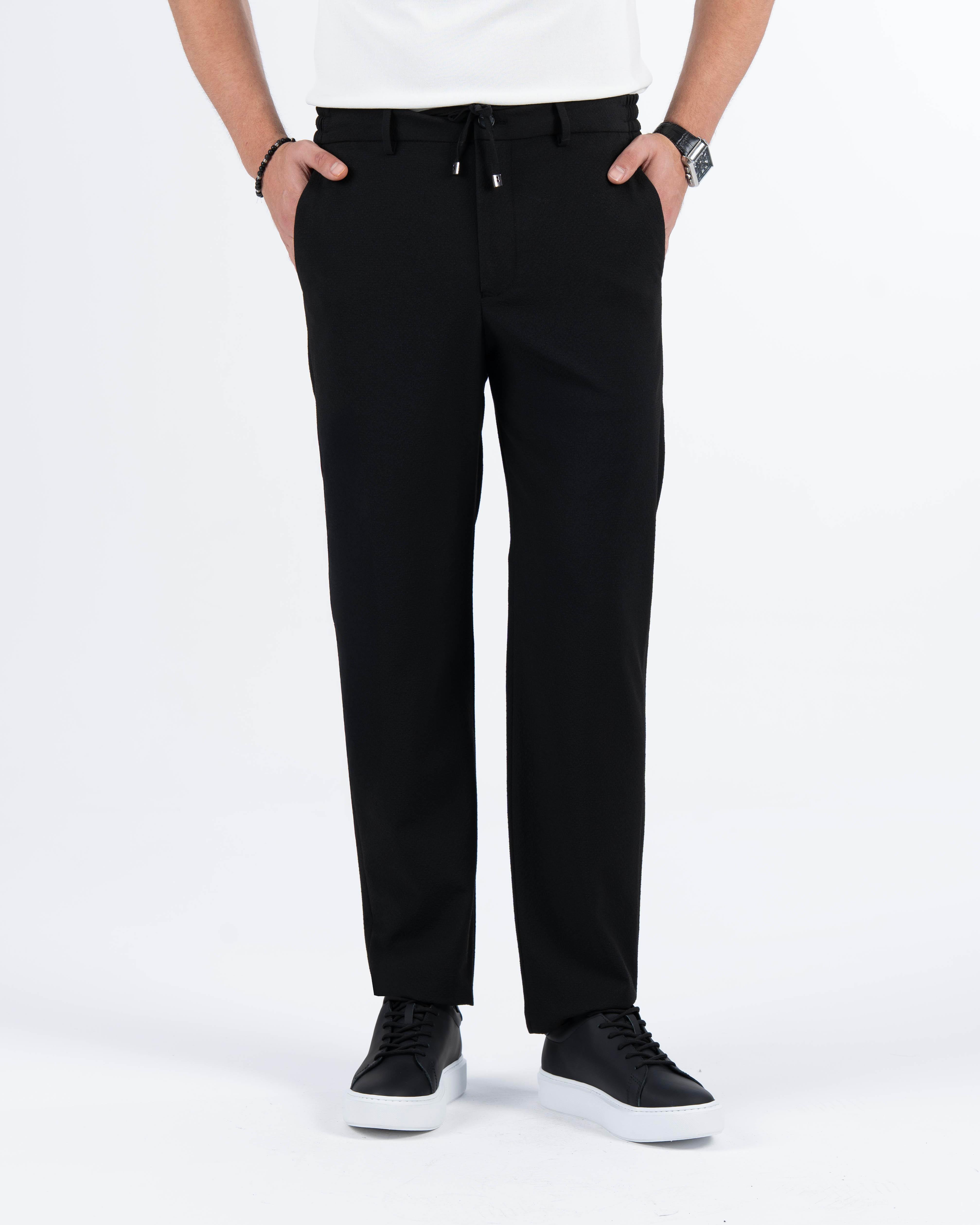 İtalyan stil slim fit gofre kumaş erkek pantalon siyah T13686