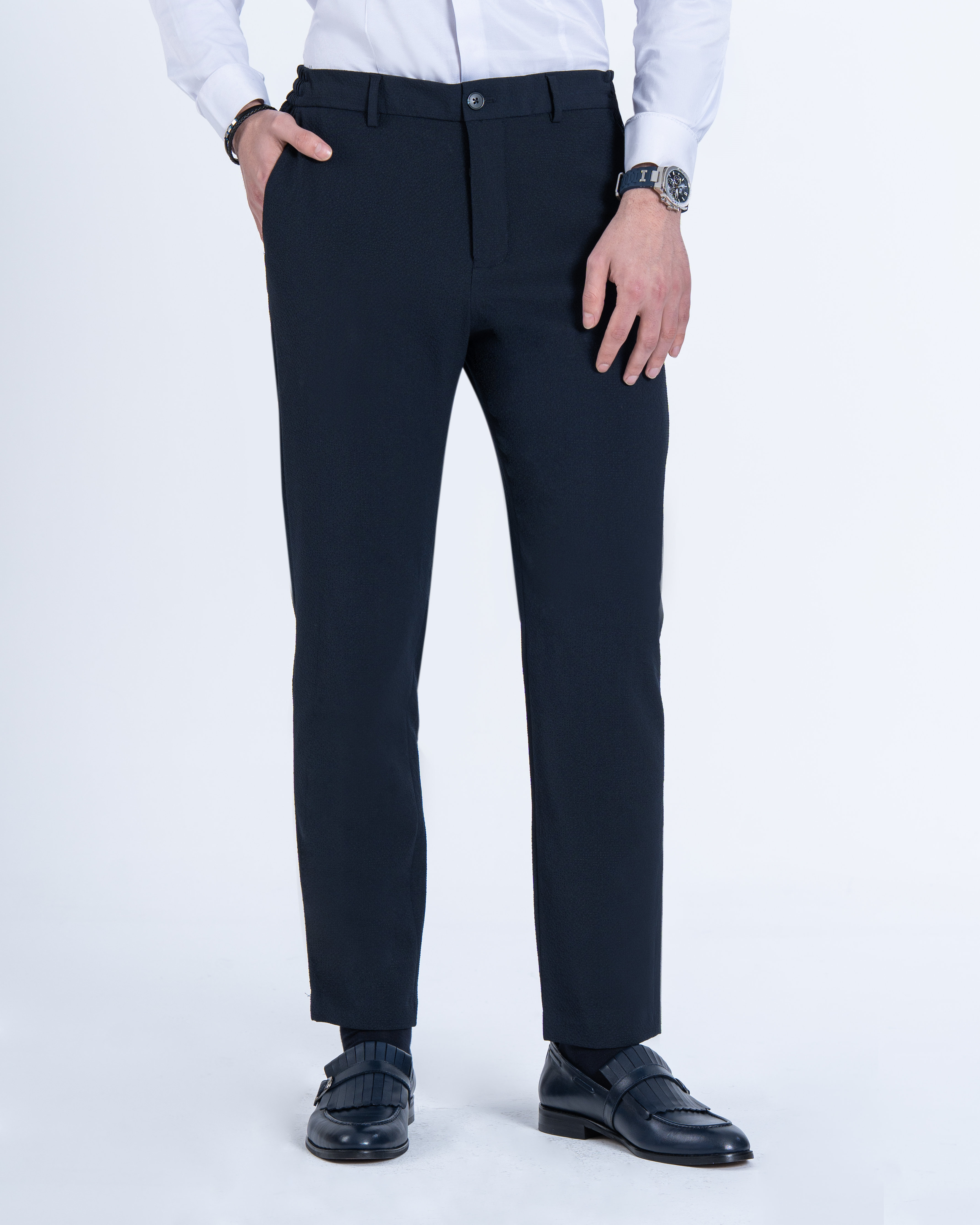 İtalyan stil slim fit gofre kumaş erkek pantalon lacivert T13687