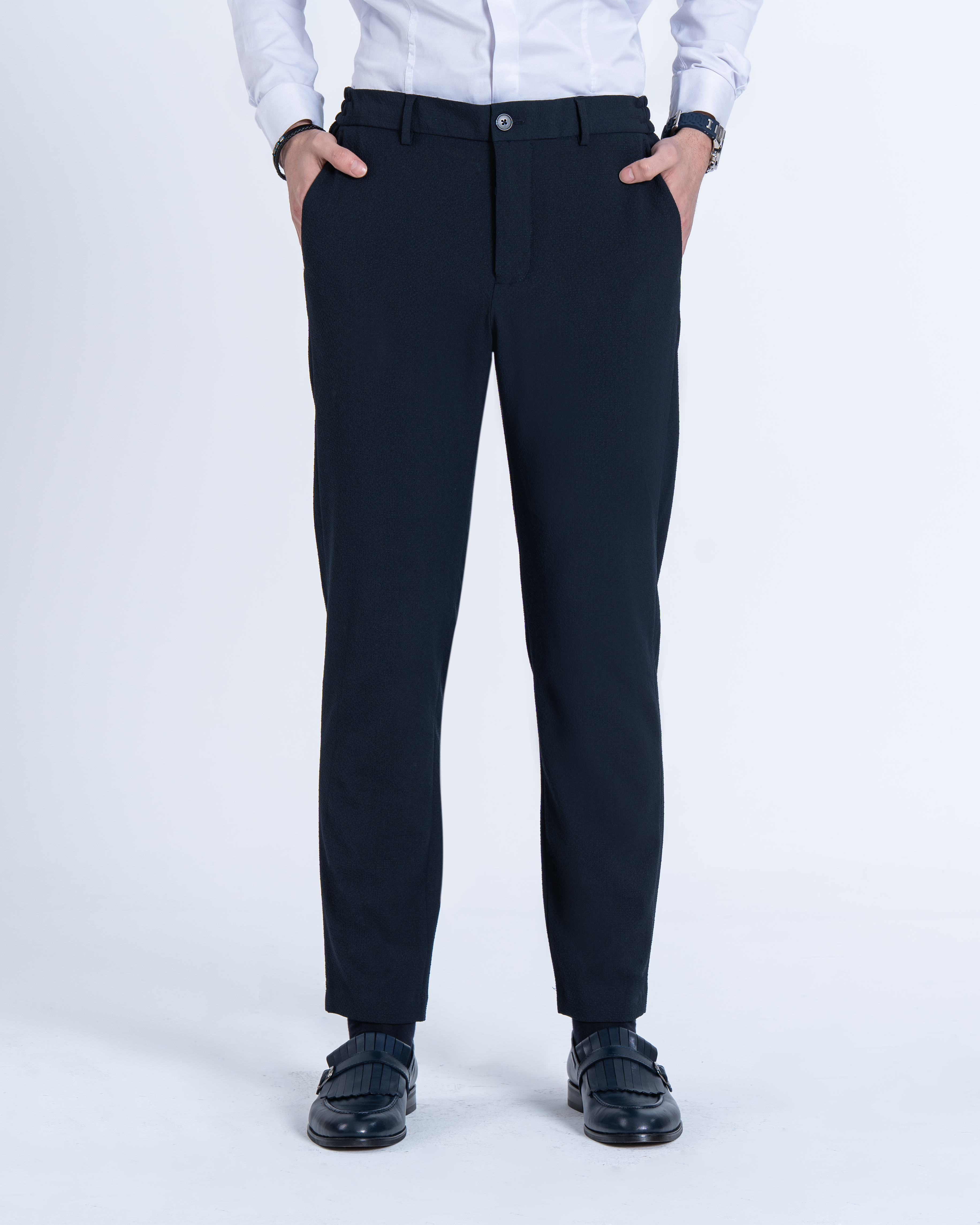 İtalyan stil slim fit gofre kumaş erkek pantalon lacivert T13687