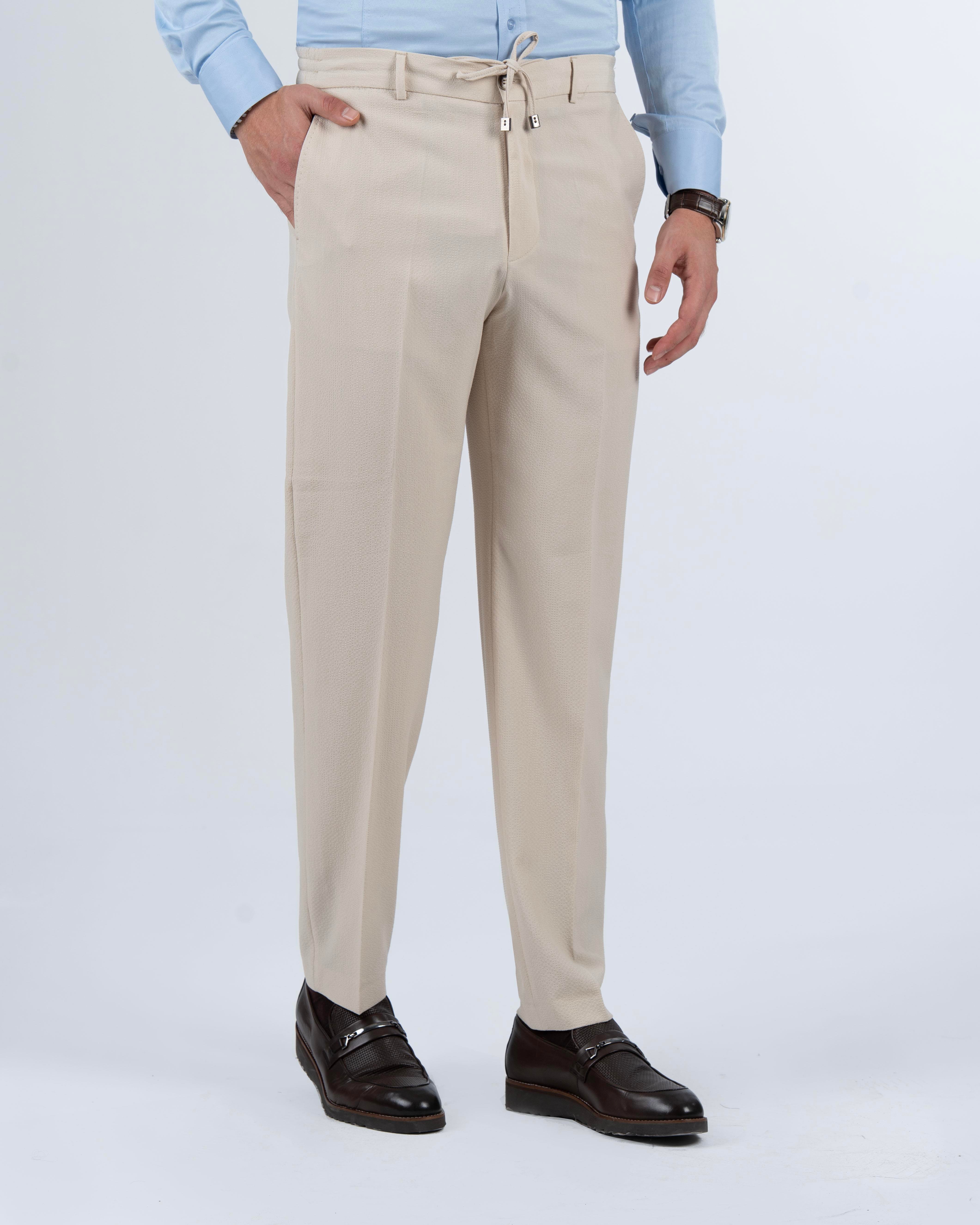 İtalyan stil slim fit gofre kumaş erkek pantolon bej T13955