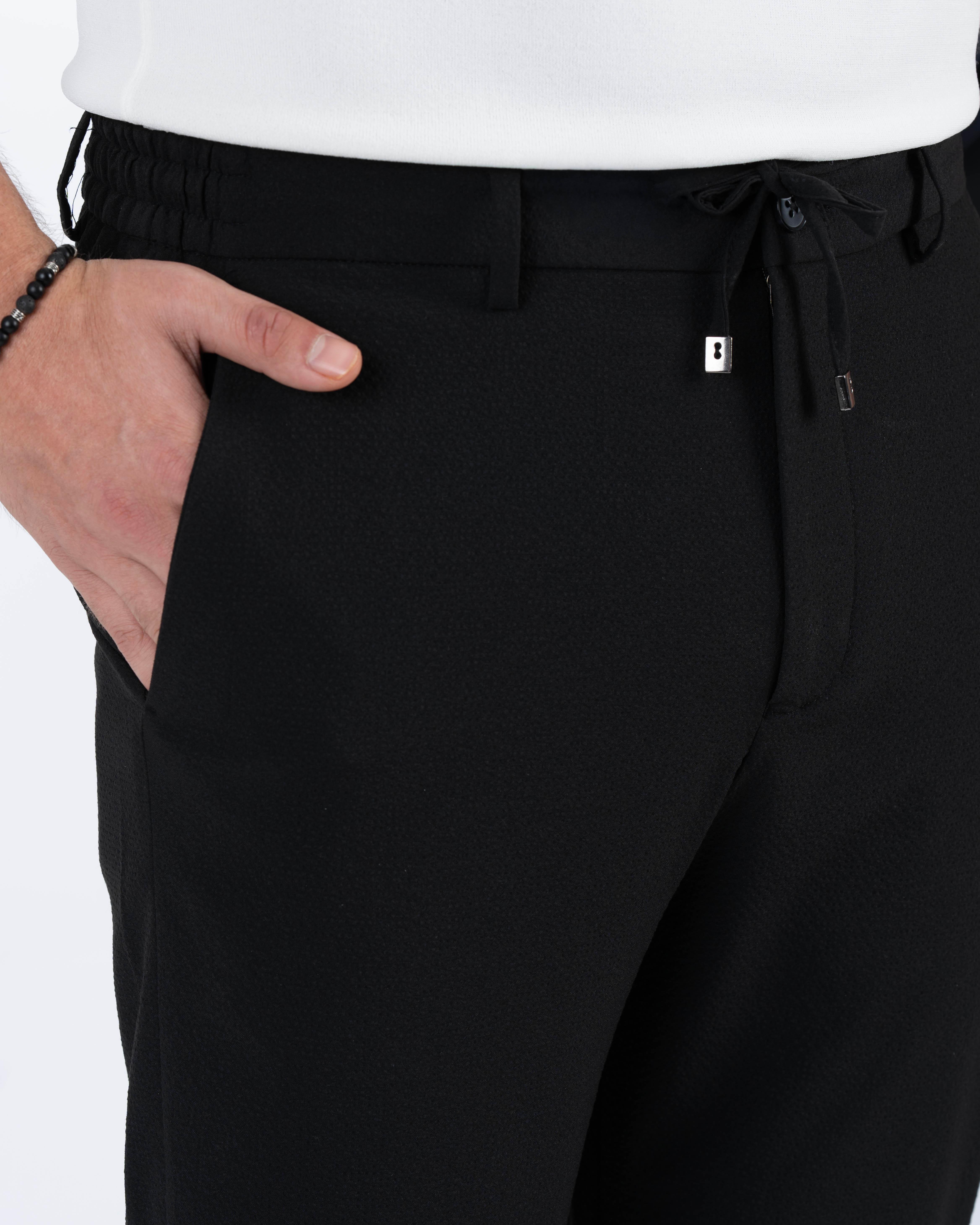 İtalyan stil slim fit gofre kumaş erkek pantalon siyah T13686