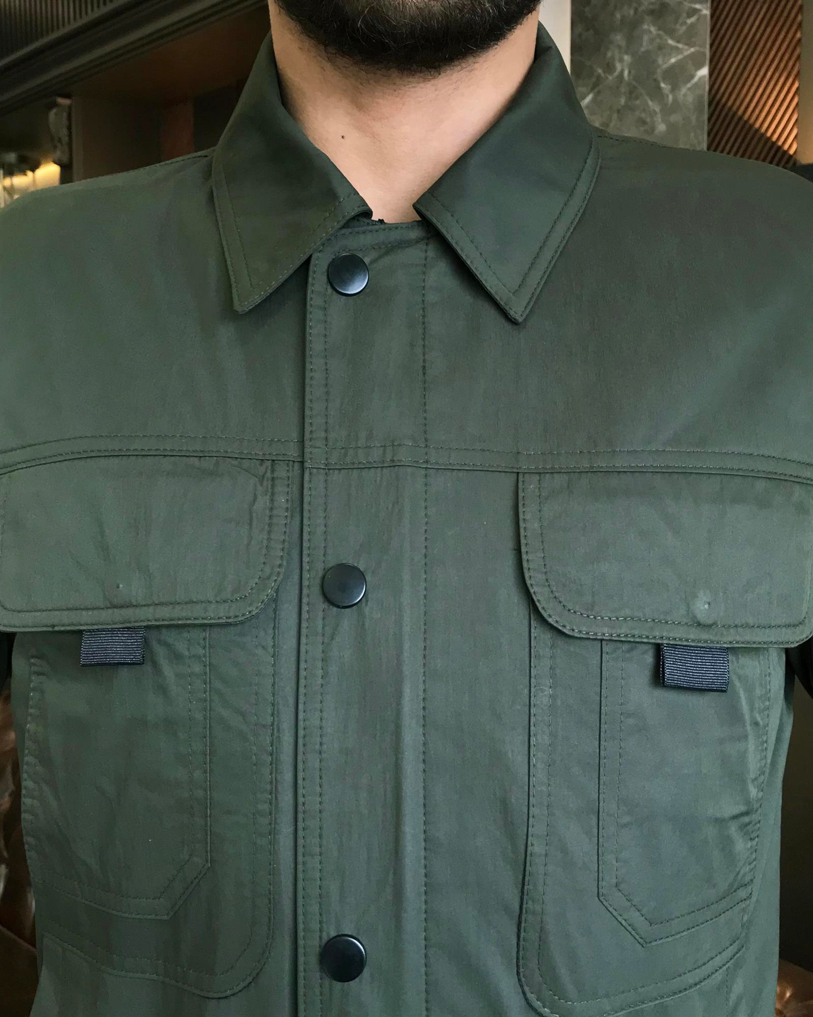 İtalyan stil slim fit gömlek yaka erkek mont haki T9605