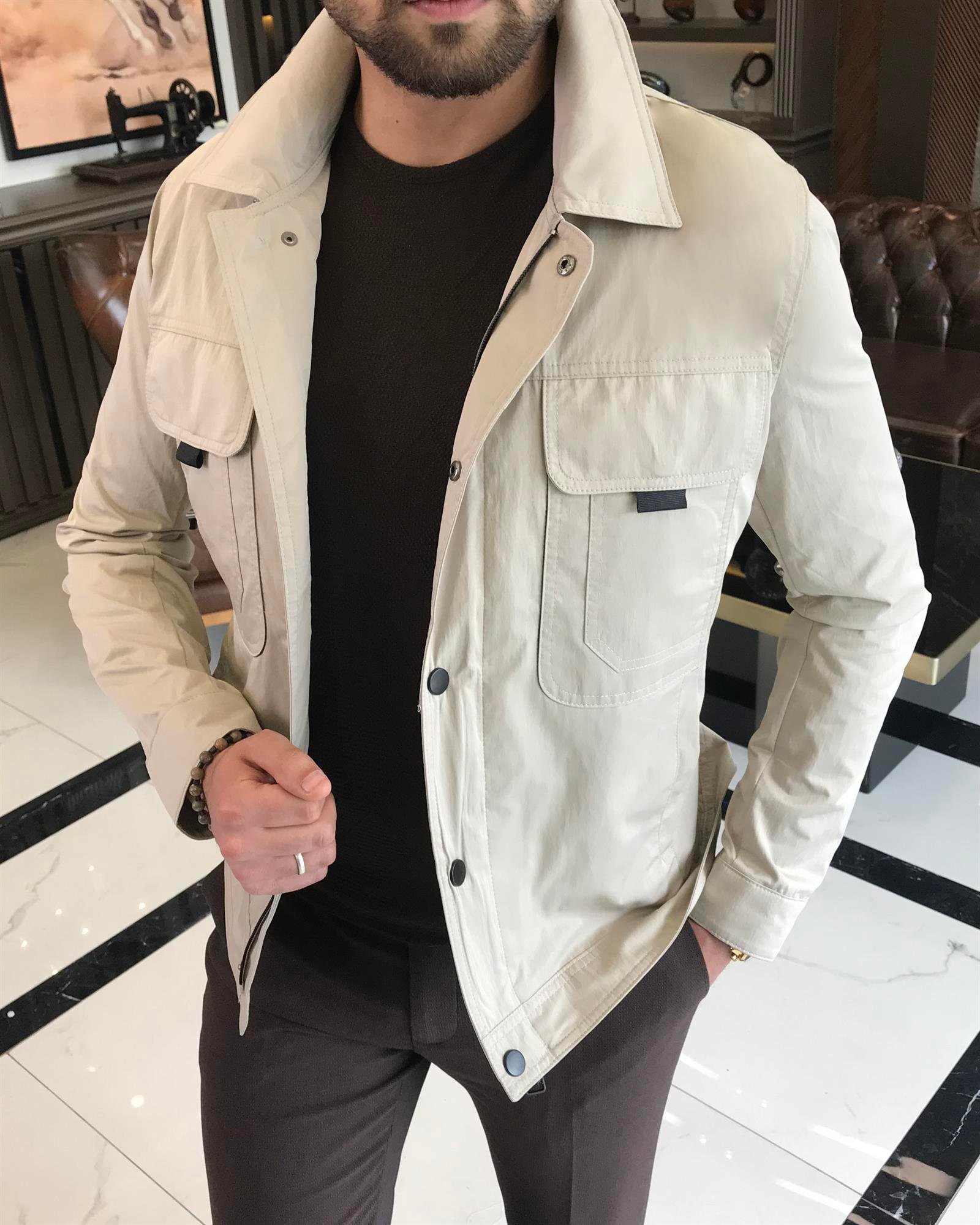 İtalyan stil slim fit gömlek yaka erkek mont bej T9603