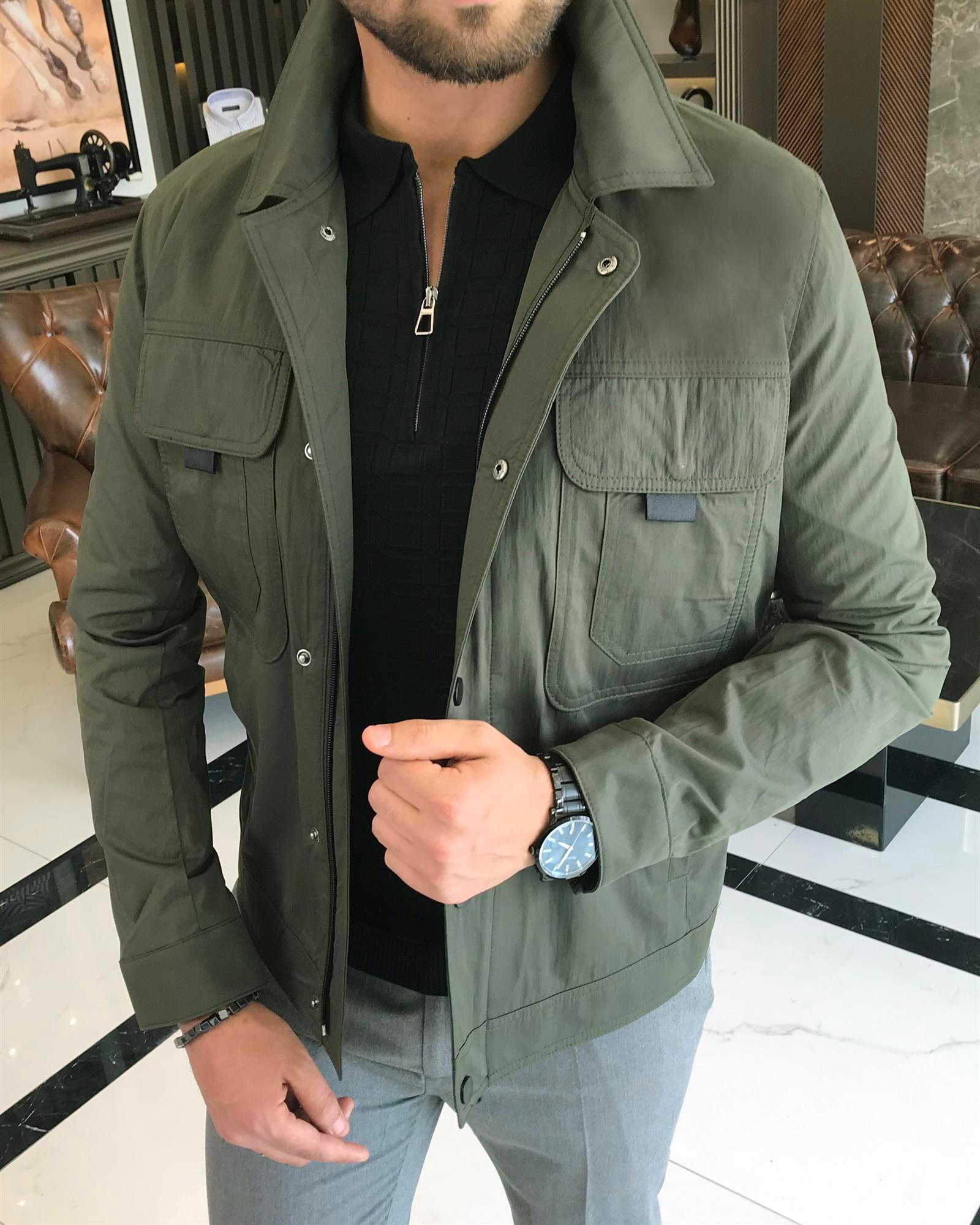 İtalyan stil slim fit gömlek yaka erkek mont haki T9605