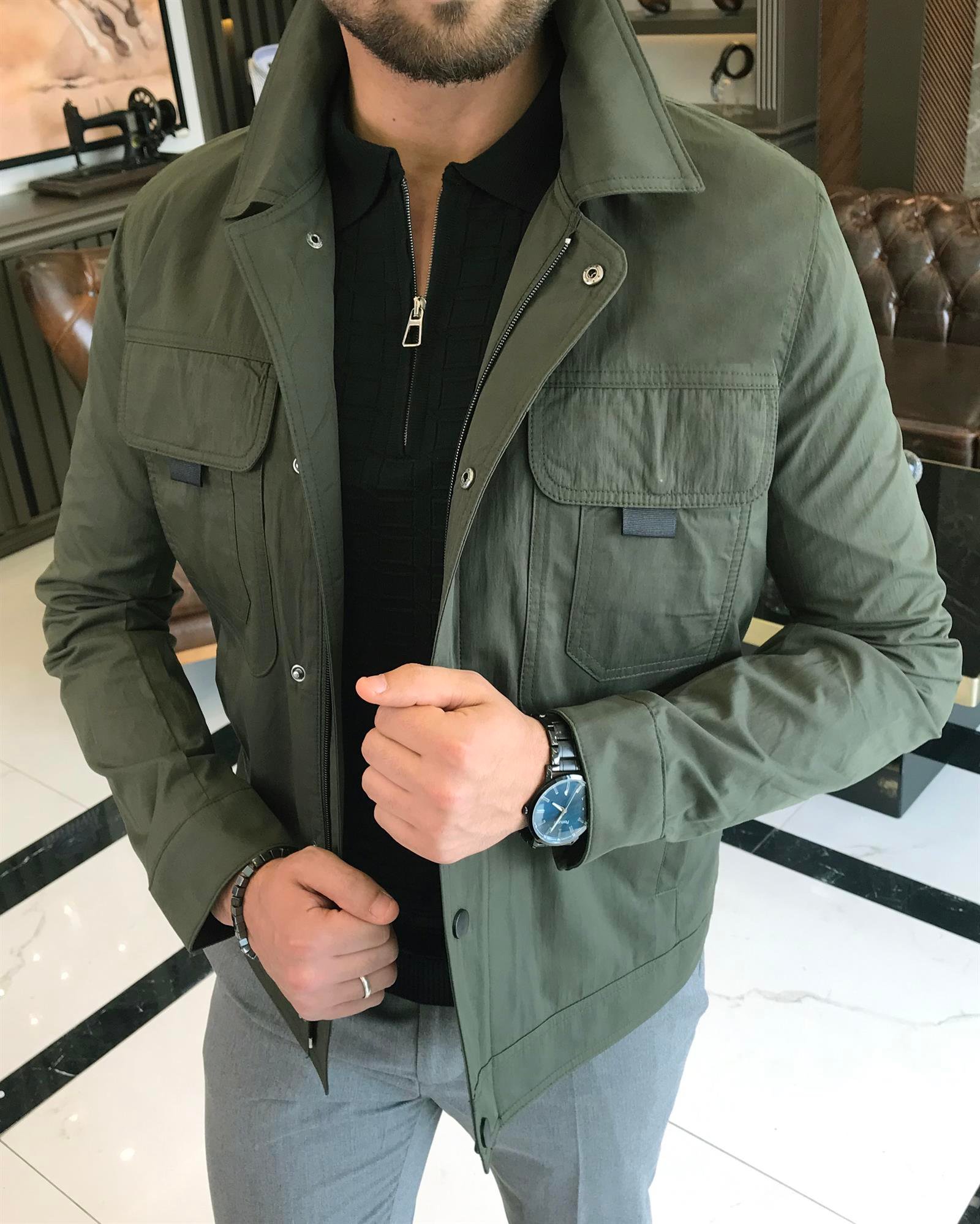 İtalyan stil slim fit gömlek yaka erkek mont haki T9605