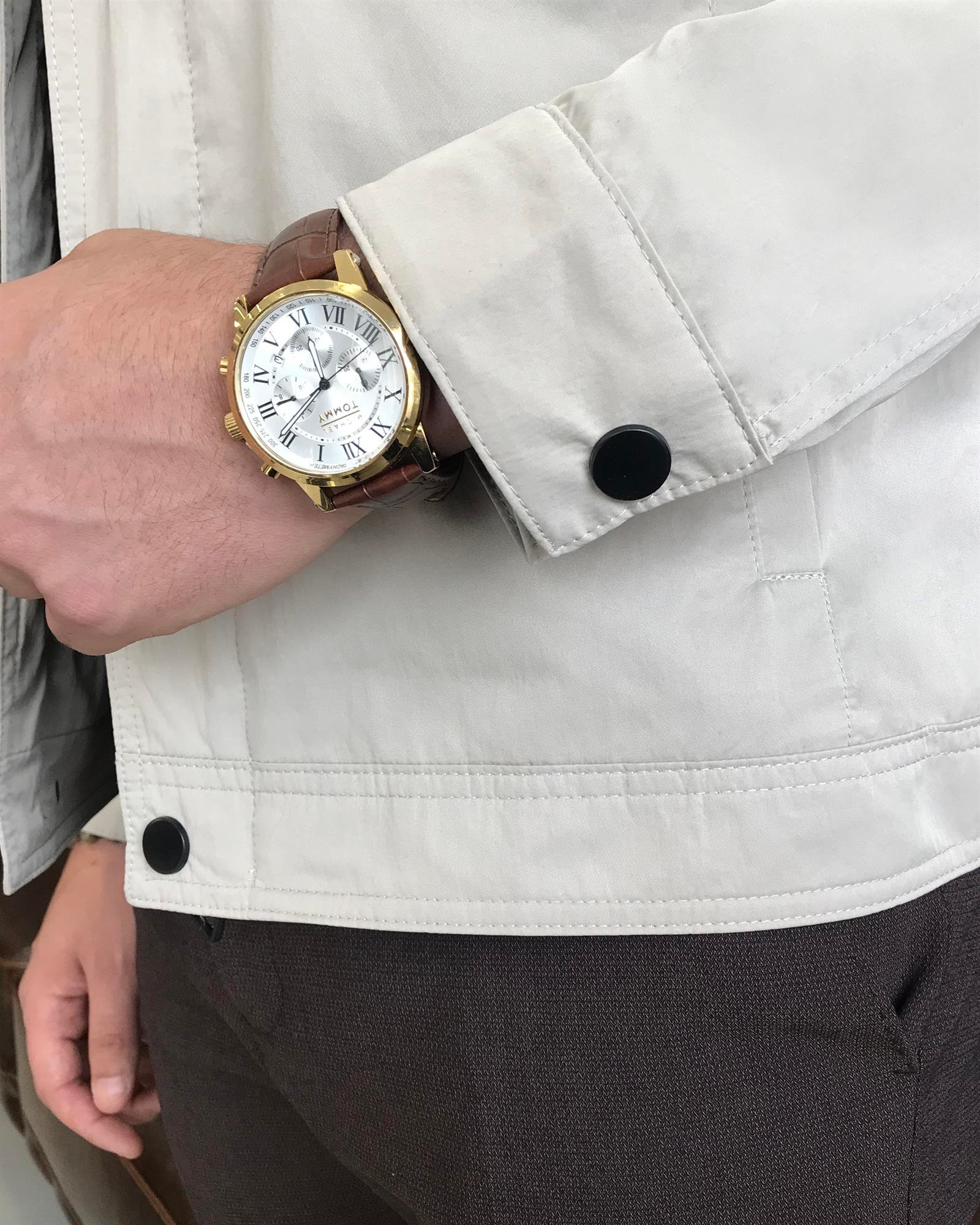 İtalyan stil slim fit gömlek yaka erkek mont bej T9603