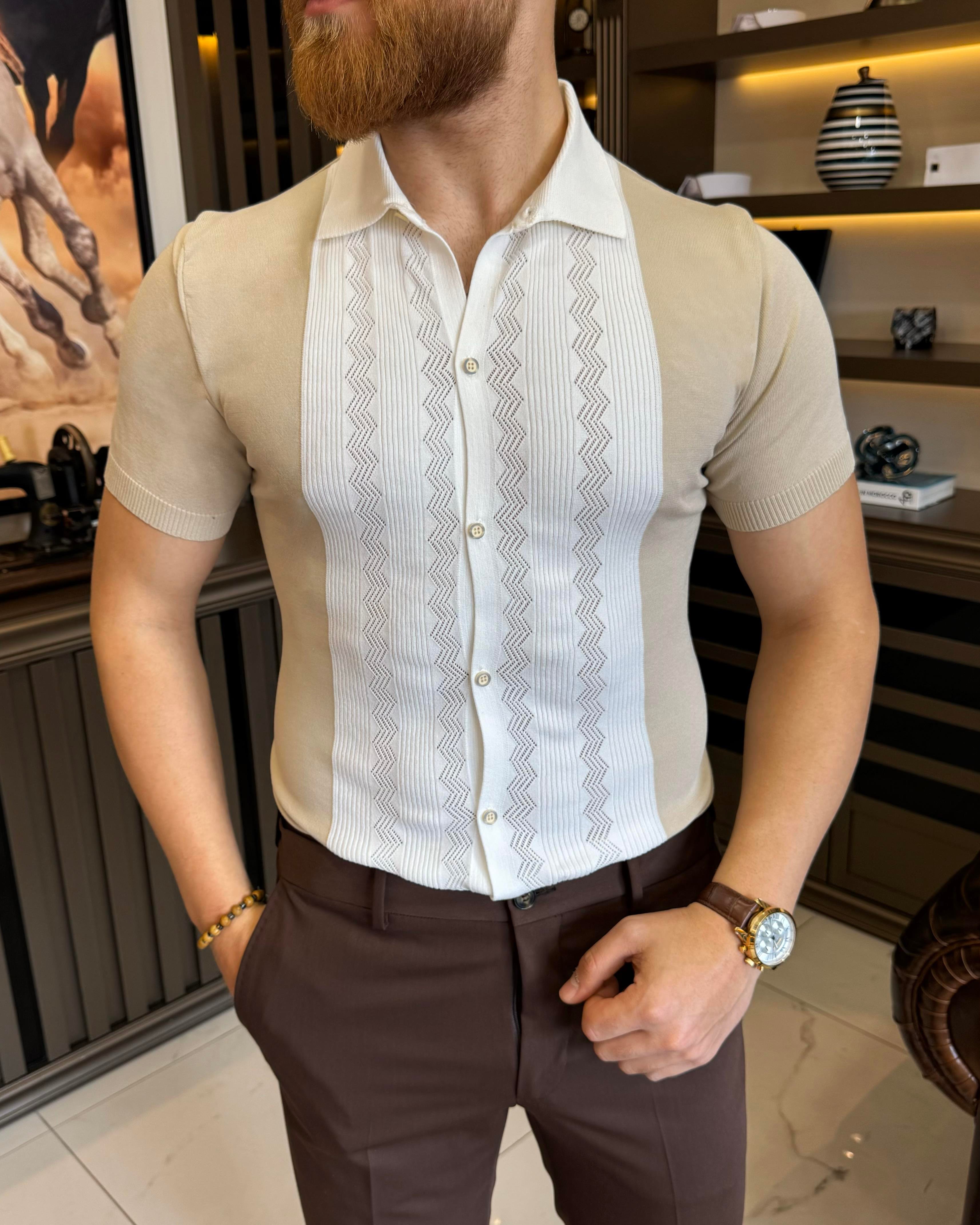 İtalyan stil slim fit gömlek yaka triko tişört bej T11765