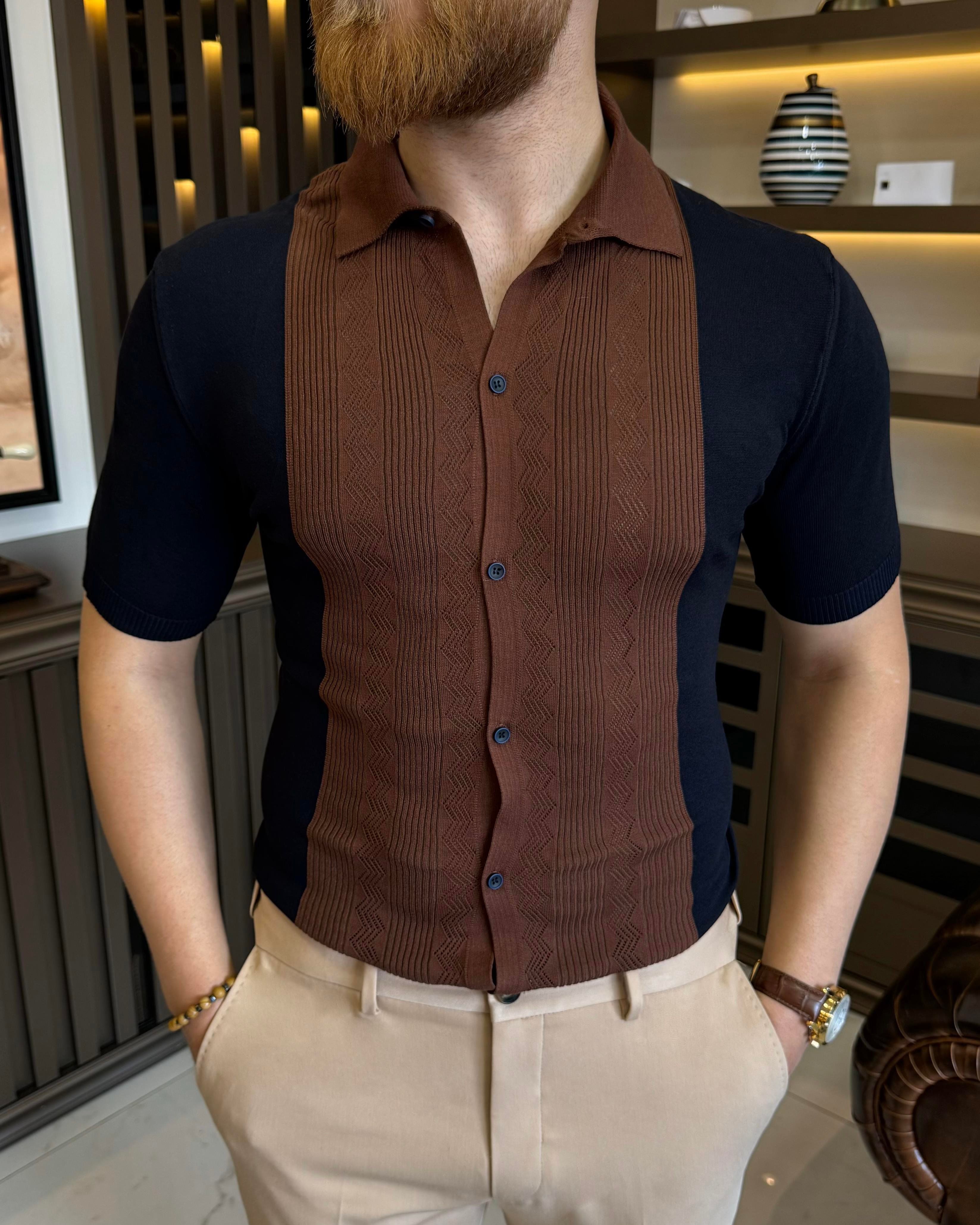 İtalyan stil slim fit gömlek yaka triko tişört lacivert T11763