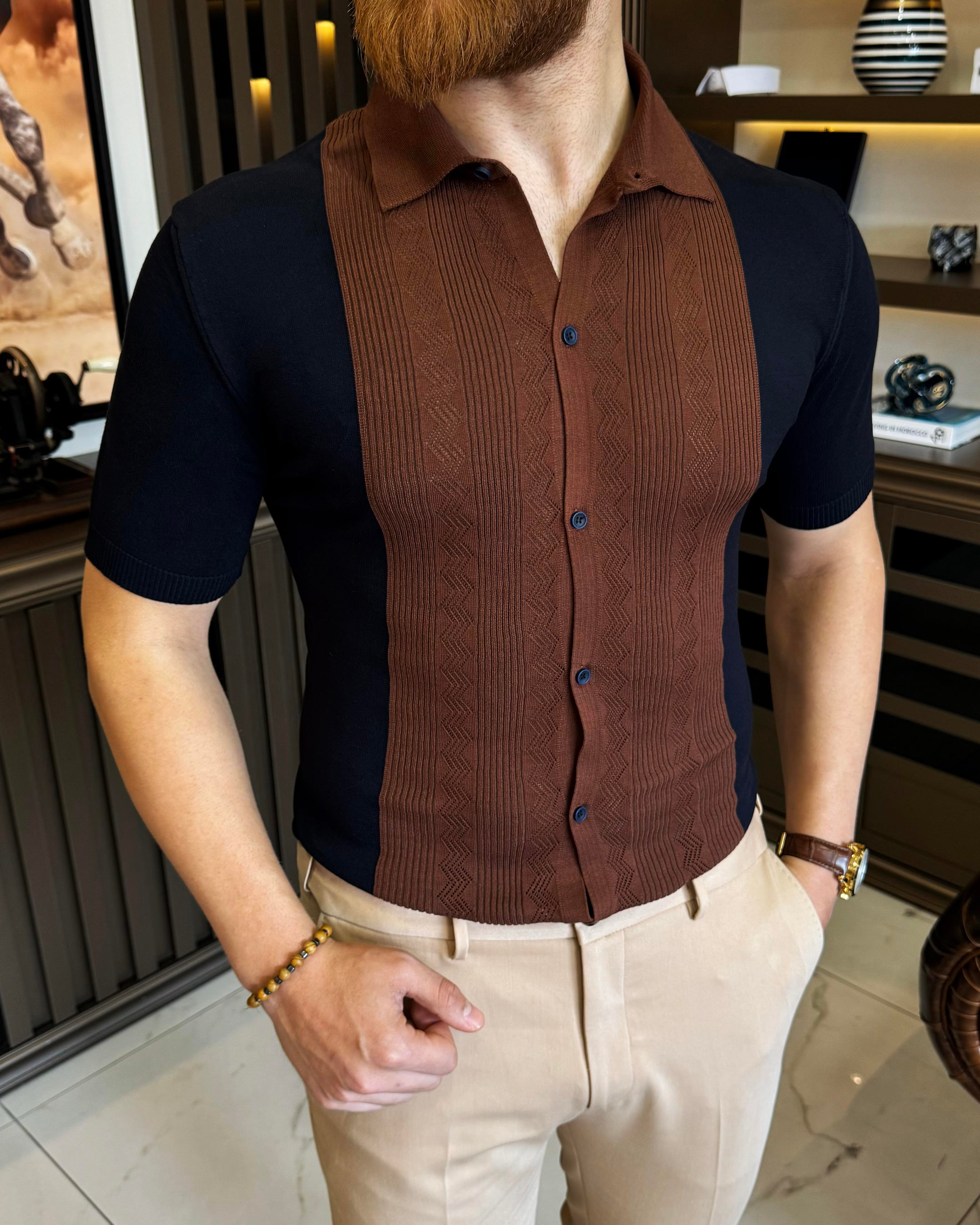 İtalyan stil slim fit gömlek yaka triko tişört lacivert T11763