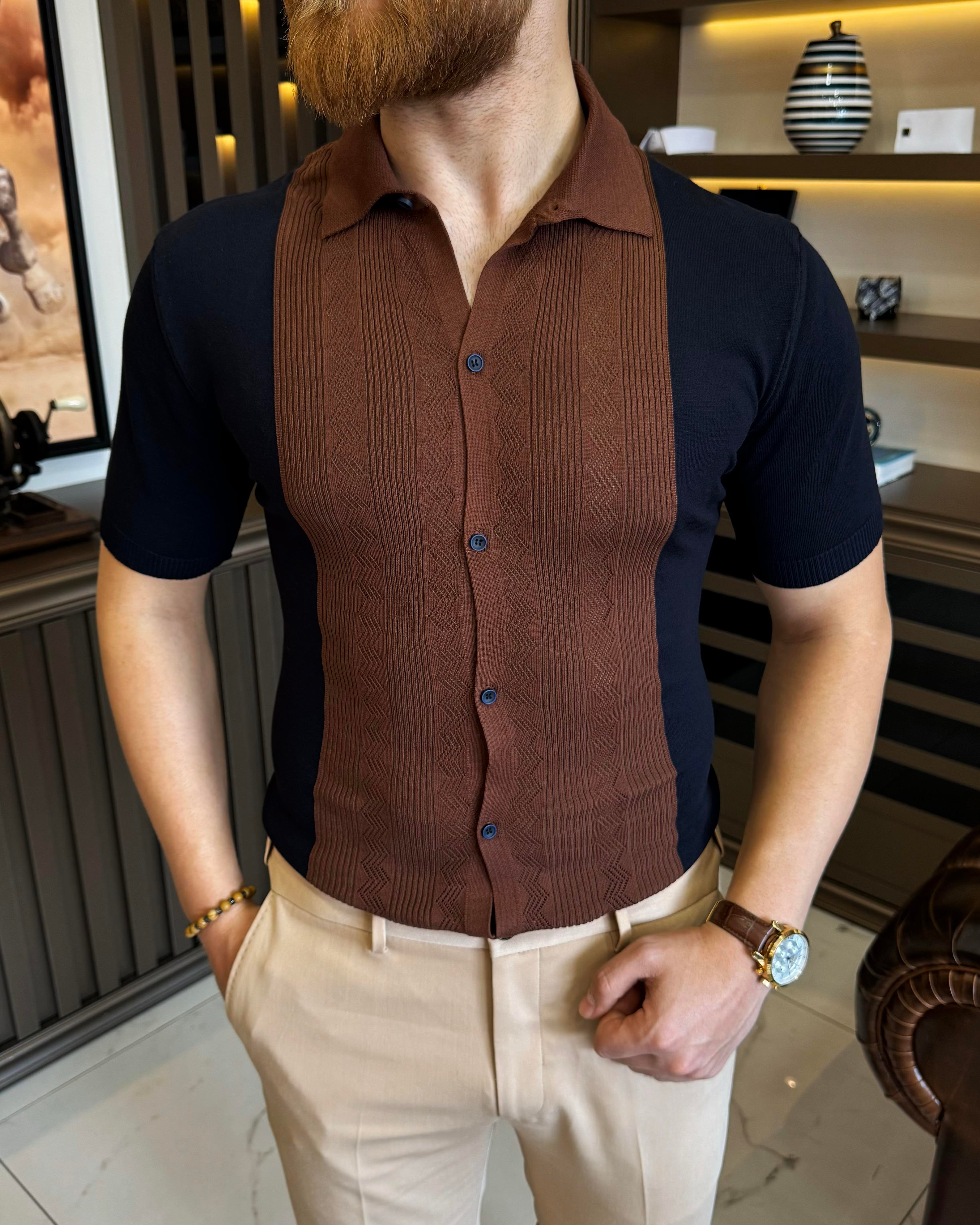İtalyan stil slim fit gömlek yaka triko tişört lacivert T11763