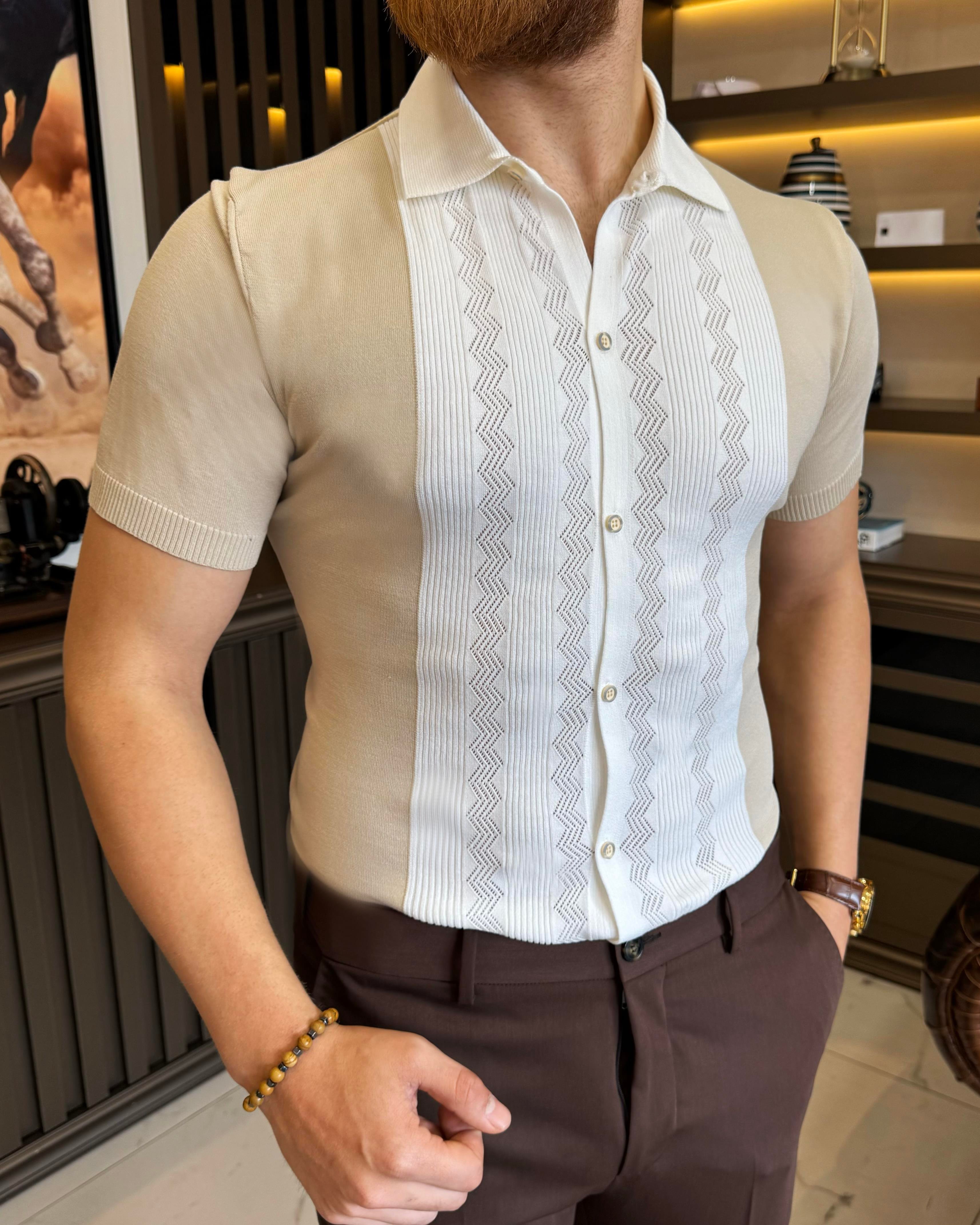 İtalyan stil slim fit gömlek yaka triko tişört bej T11765