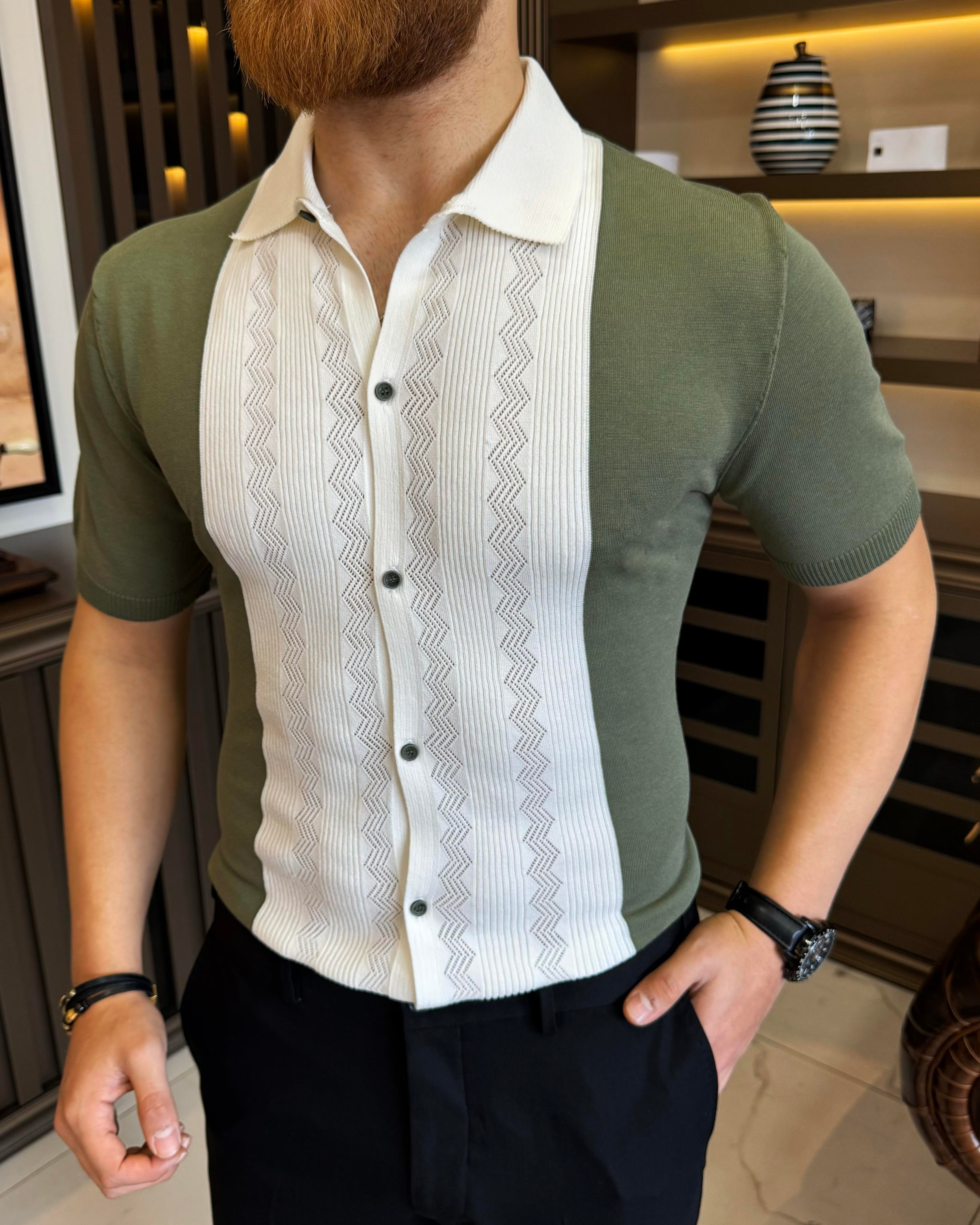 İtalyan stil slim fit gömlek yaka triko tişört haki T11764