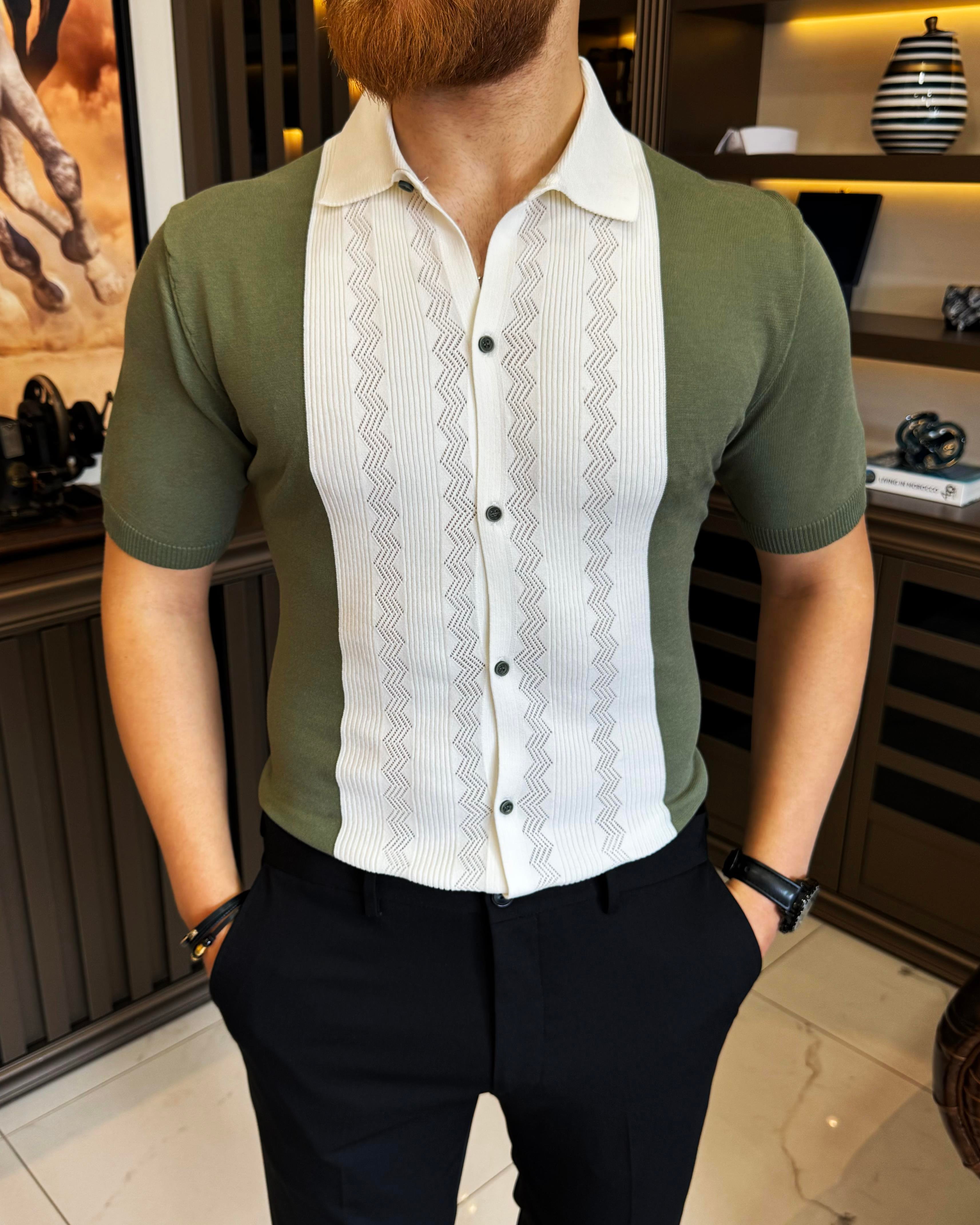 İtalyan stil slim fit gömlek yaka triko tişört haki T11764