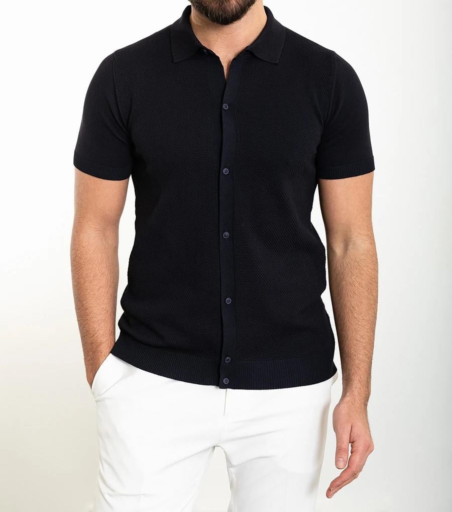 İtalyan stil slim fit gömlek yaka triko tişört lacivert T11744