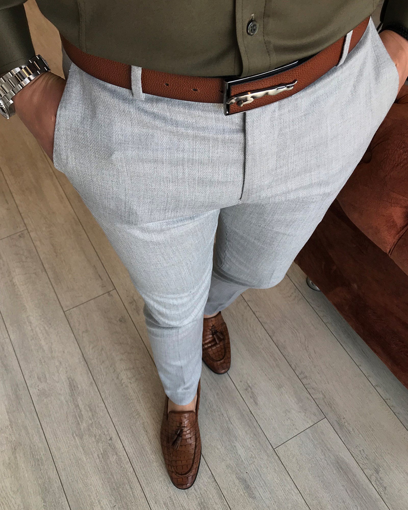 İtalyan stil slim fit gri renk erkek kumaş pantolon T2352