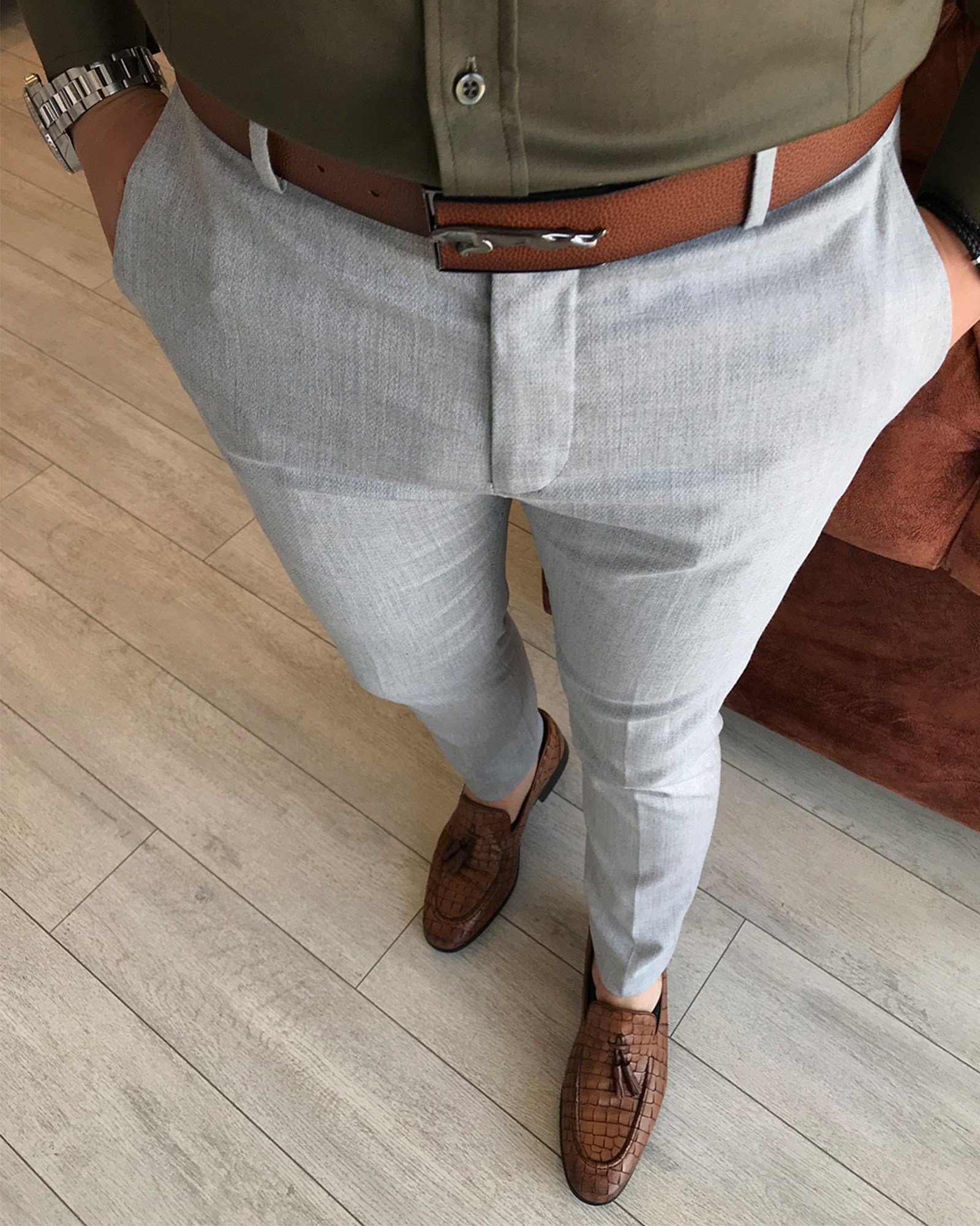 İtalyan stil slim fit gri renk erkek kumaş pantolon T2352