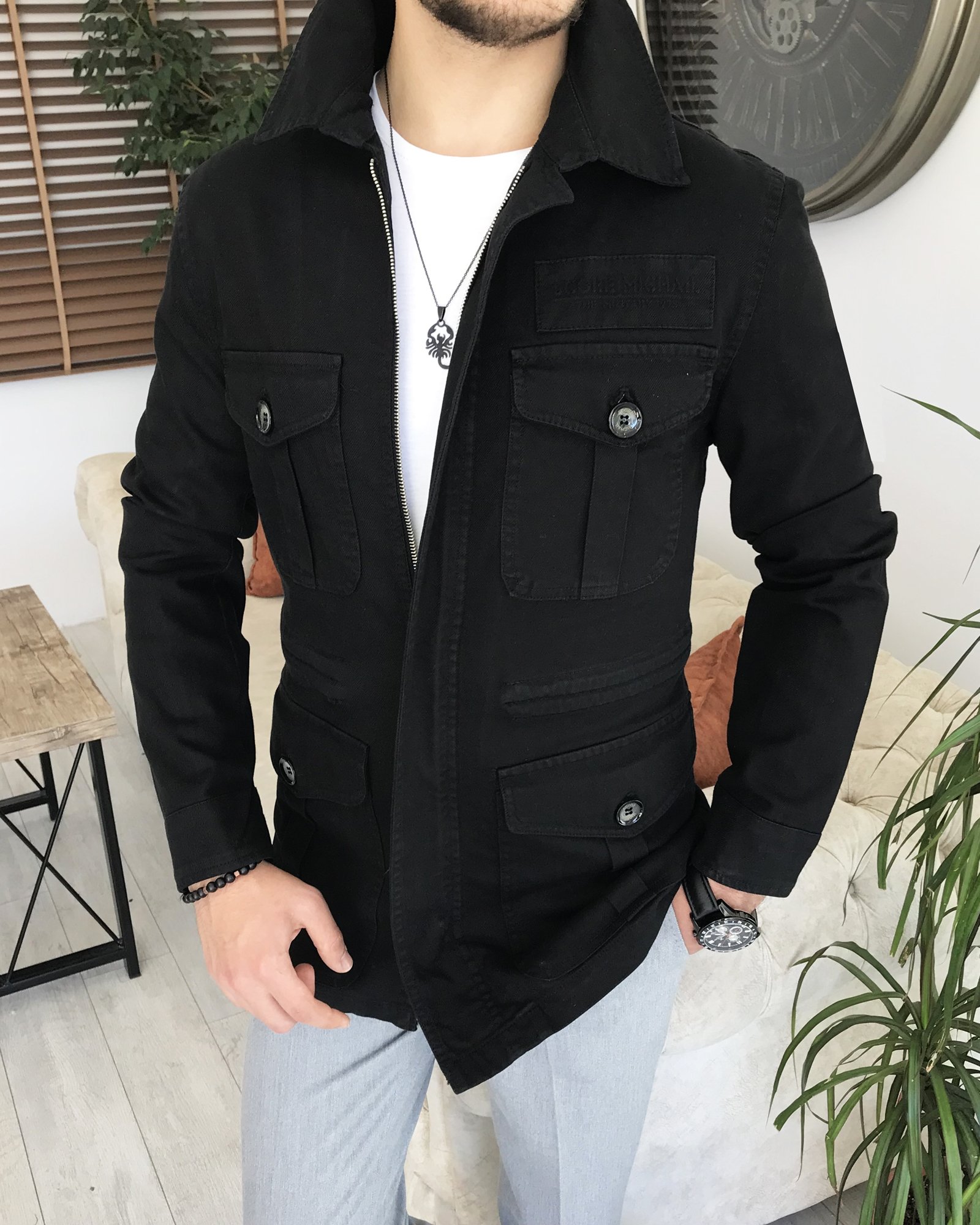 İtalyan stil slim fit ilkbahar yaz safari günlük ceket mont Siyah T7993