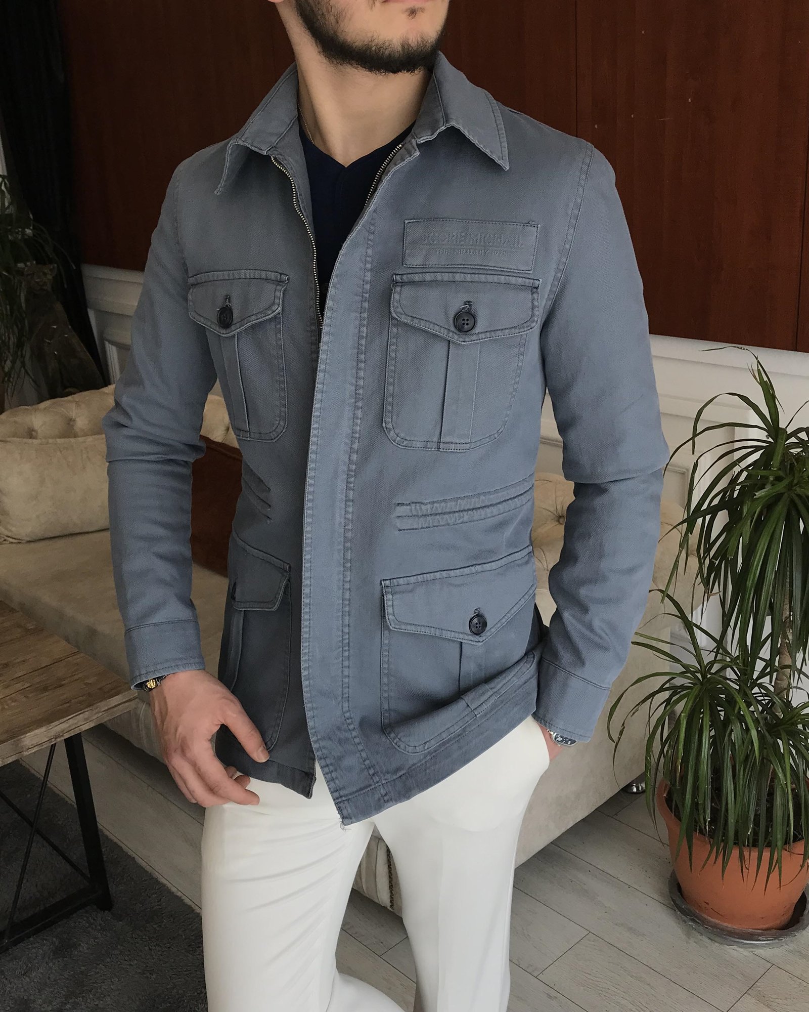 İtalyan stil slim fit ilkbahar yaz safari günlük ceket mont Mavi T7068