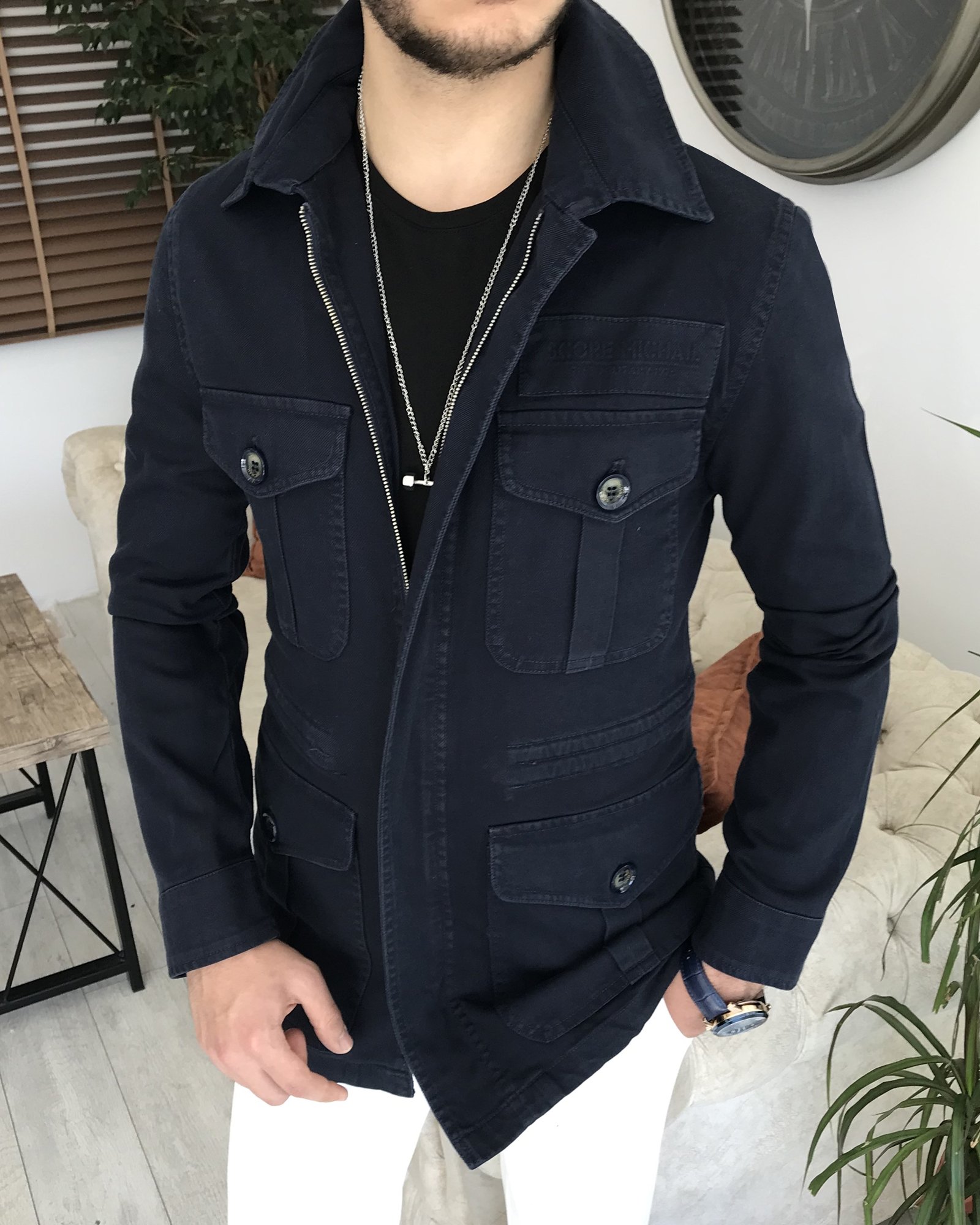 İtalyan stil slim fit ilkbahar yaz safari günlük ceket mont Lacivert T7994