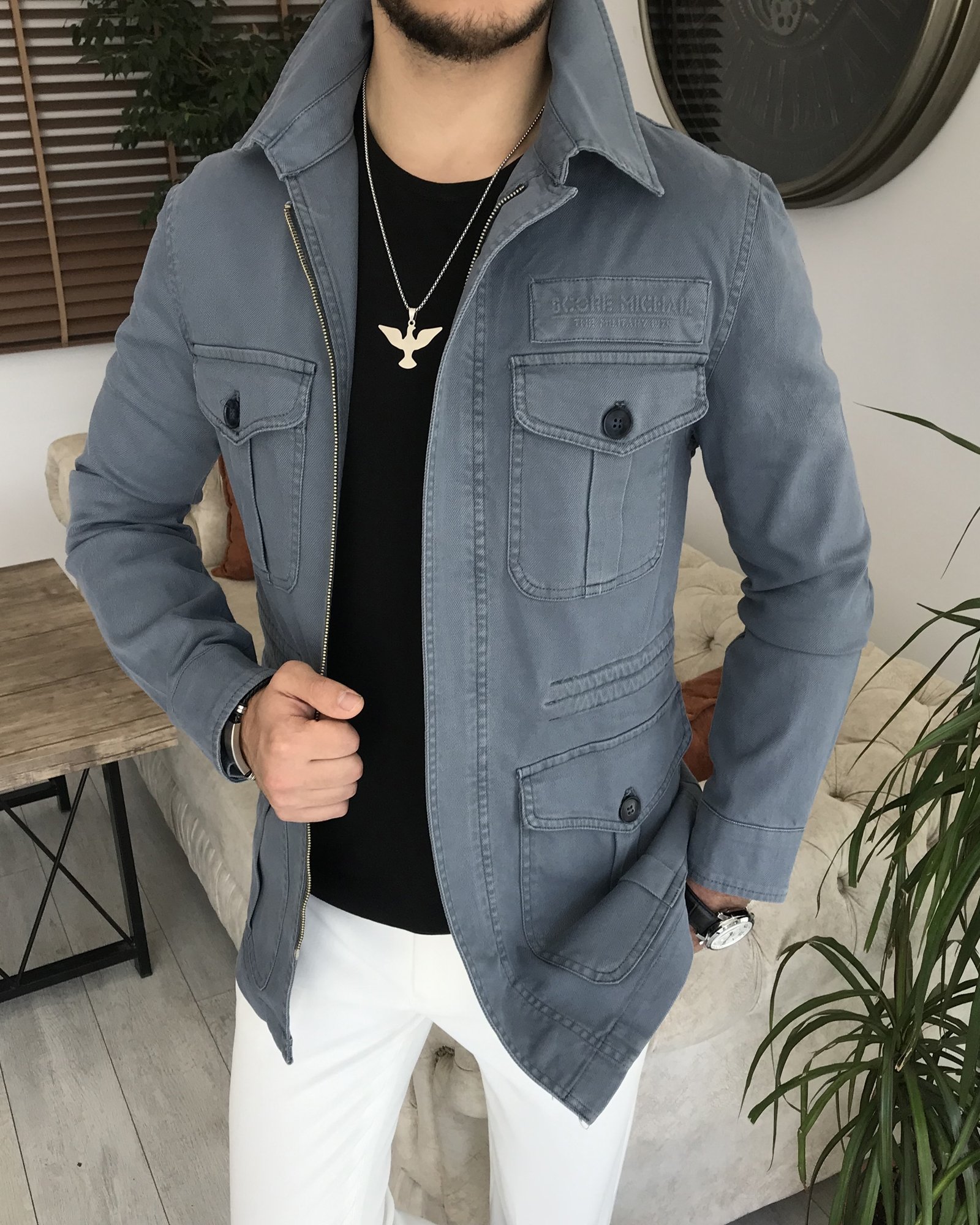 İtalyan stil slim fit ilkbahar yaz safari günlük ceket mont Mavi T7068