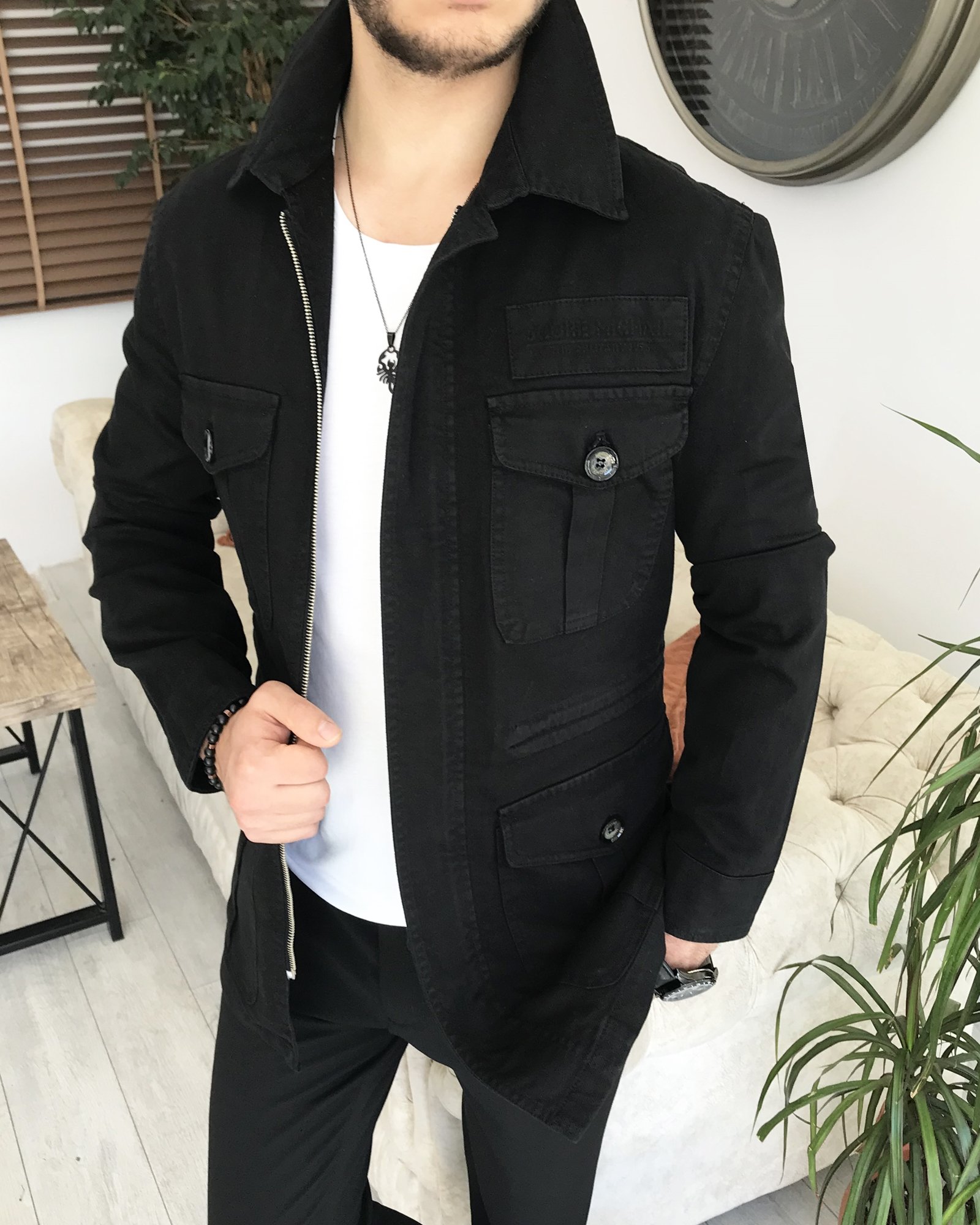 İtalyan stil slim fit ilkbahar yaz safari günlük ceket mont Siyah T7993