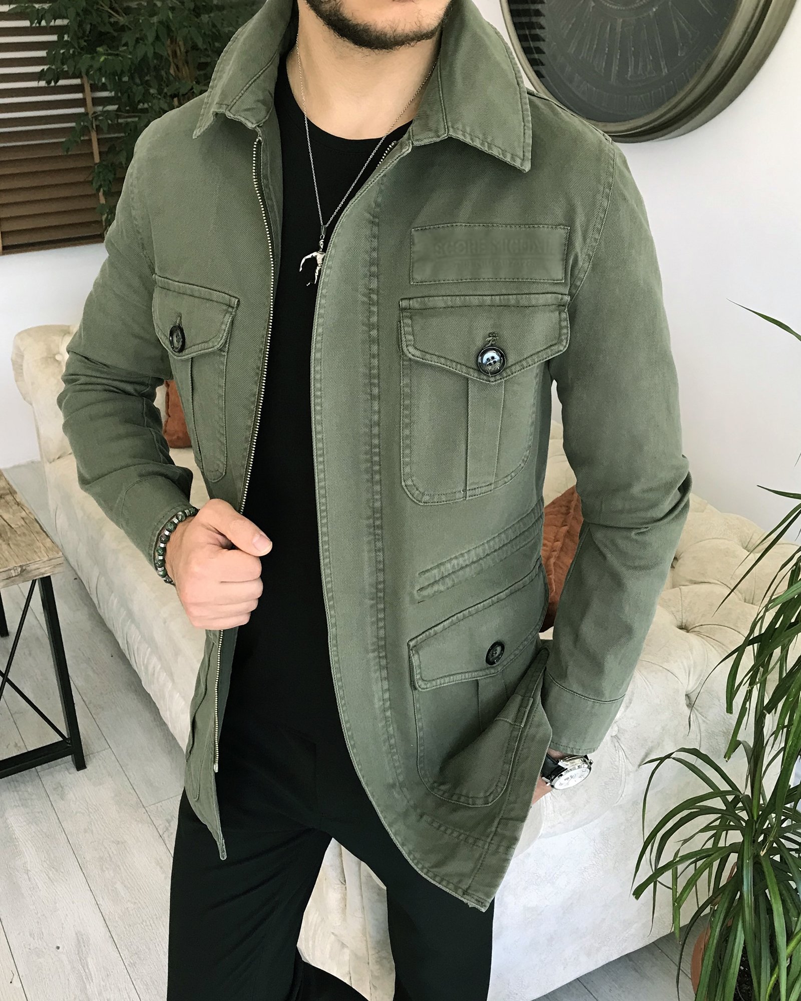İtalyan stil slim fit ilkbahar yaz safari günlük ceket mont Yeşil T7995