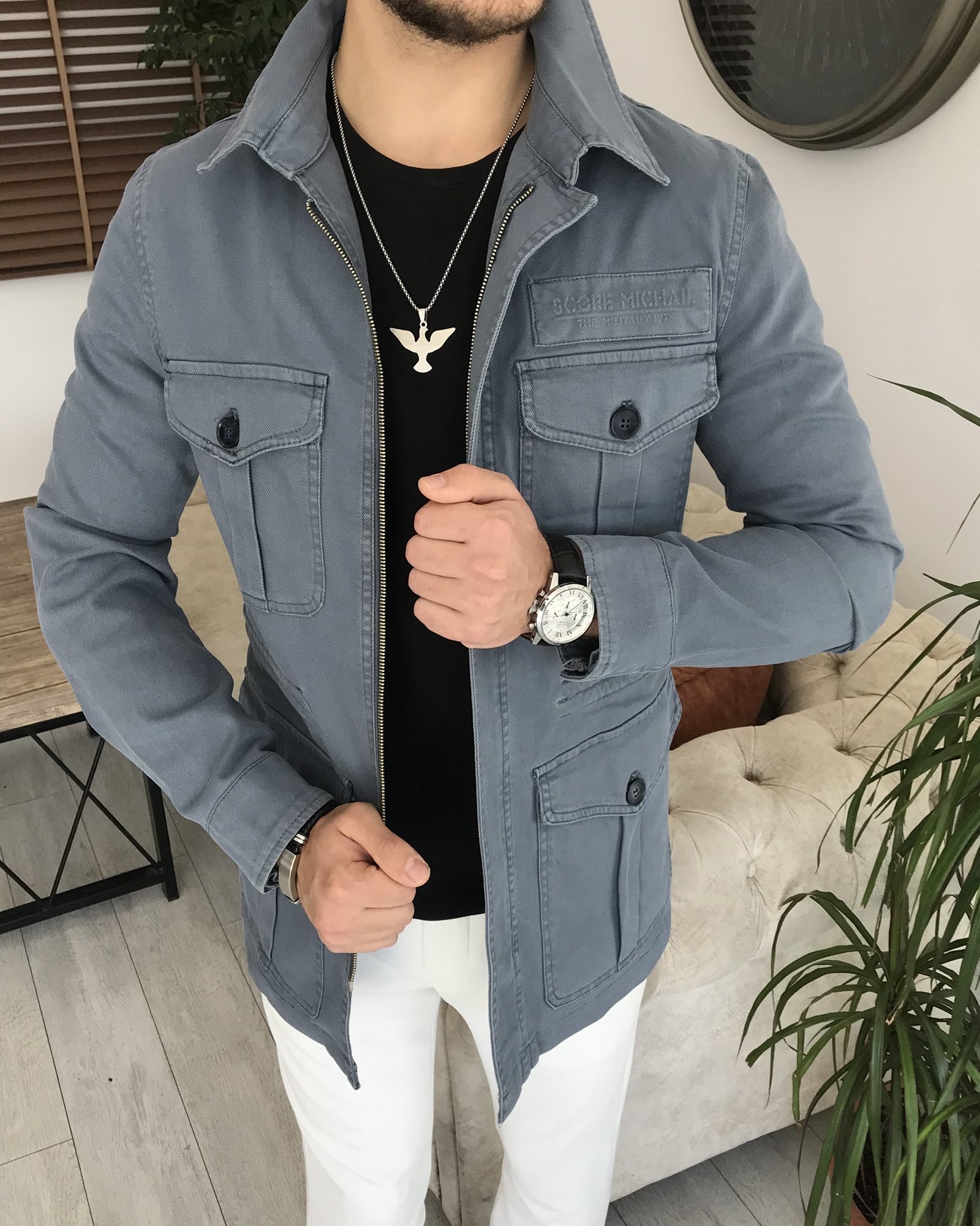 İtalyan stil slim fit ilkbahar yaz safari günlük ceket mont Mavi T7068