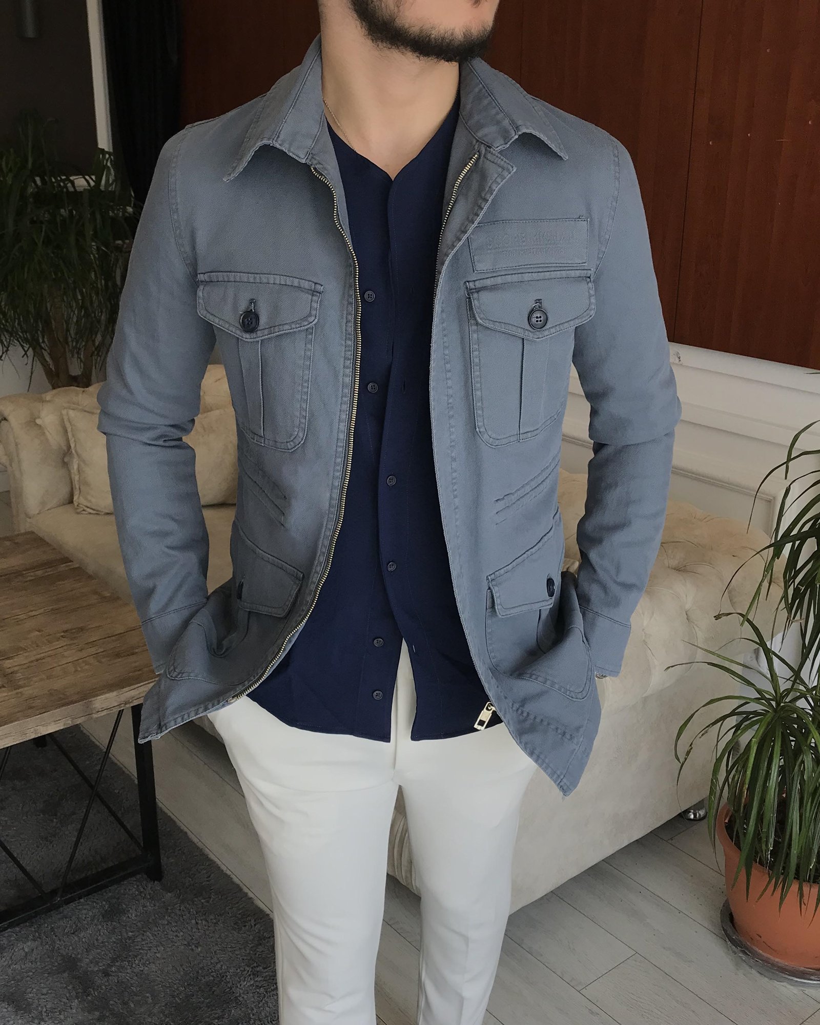 İtalyan stil slim fit ilkbahar yaz safari günlük ceket mont Mavi T7068