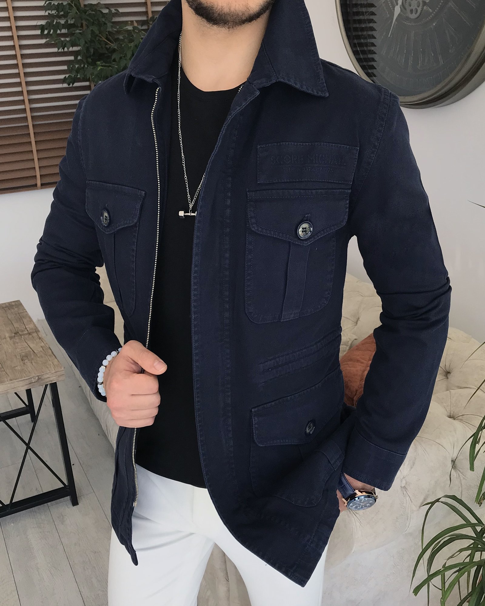 İtalyan stil slim fit ilkbahar yaz safari günlük ceket mont Lacivert T7994