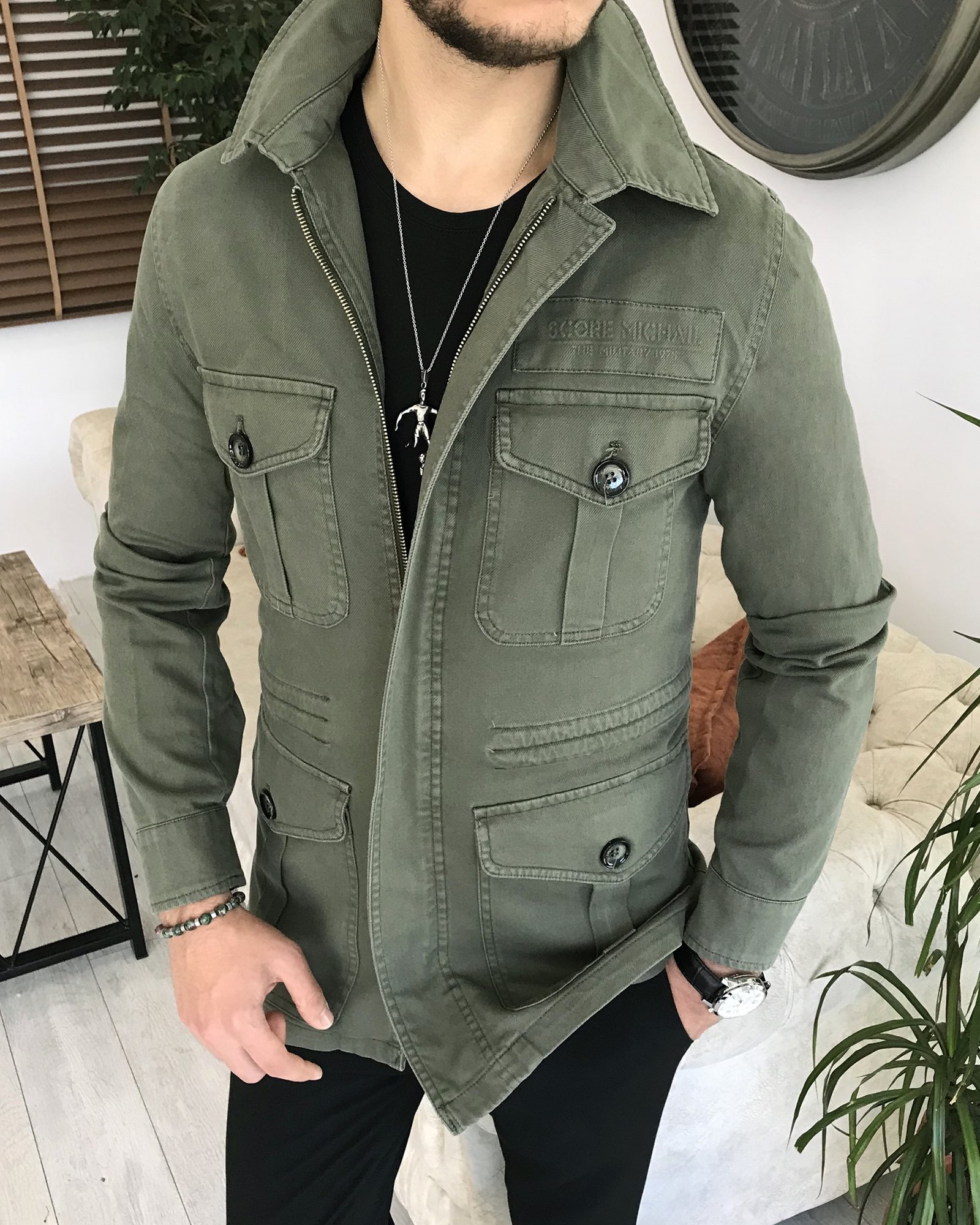 İtalyan stil slim fit ilkbahar yaz safari günlük ceket mont Yeşil T7995