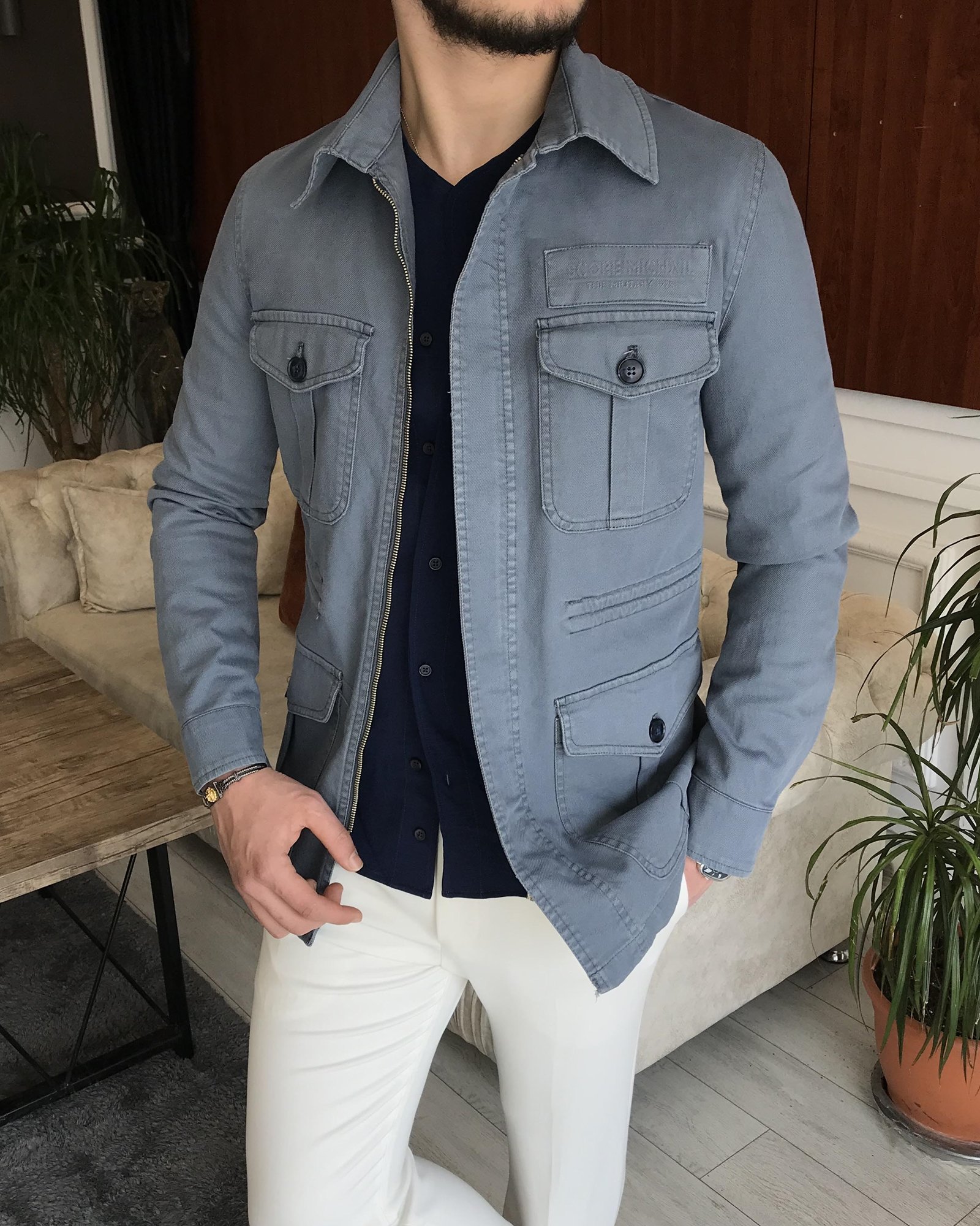 İtalyan stil slim fit ilkbahar yaz safari günlük ceket mont Mavi T7068