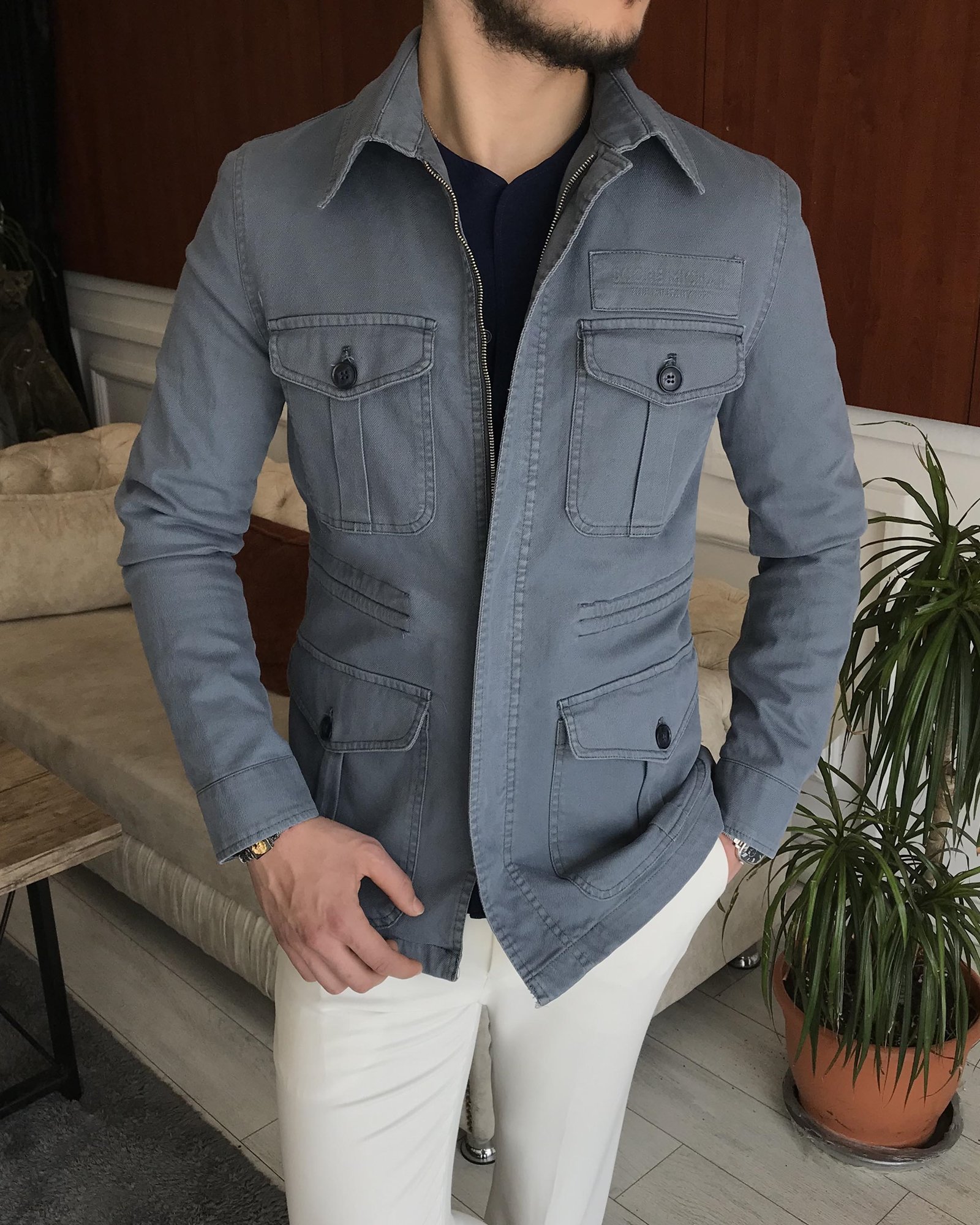İtalyan stil slim fit ilkbahar yaz safari günlük ceket mont Mavi T7068