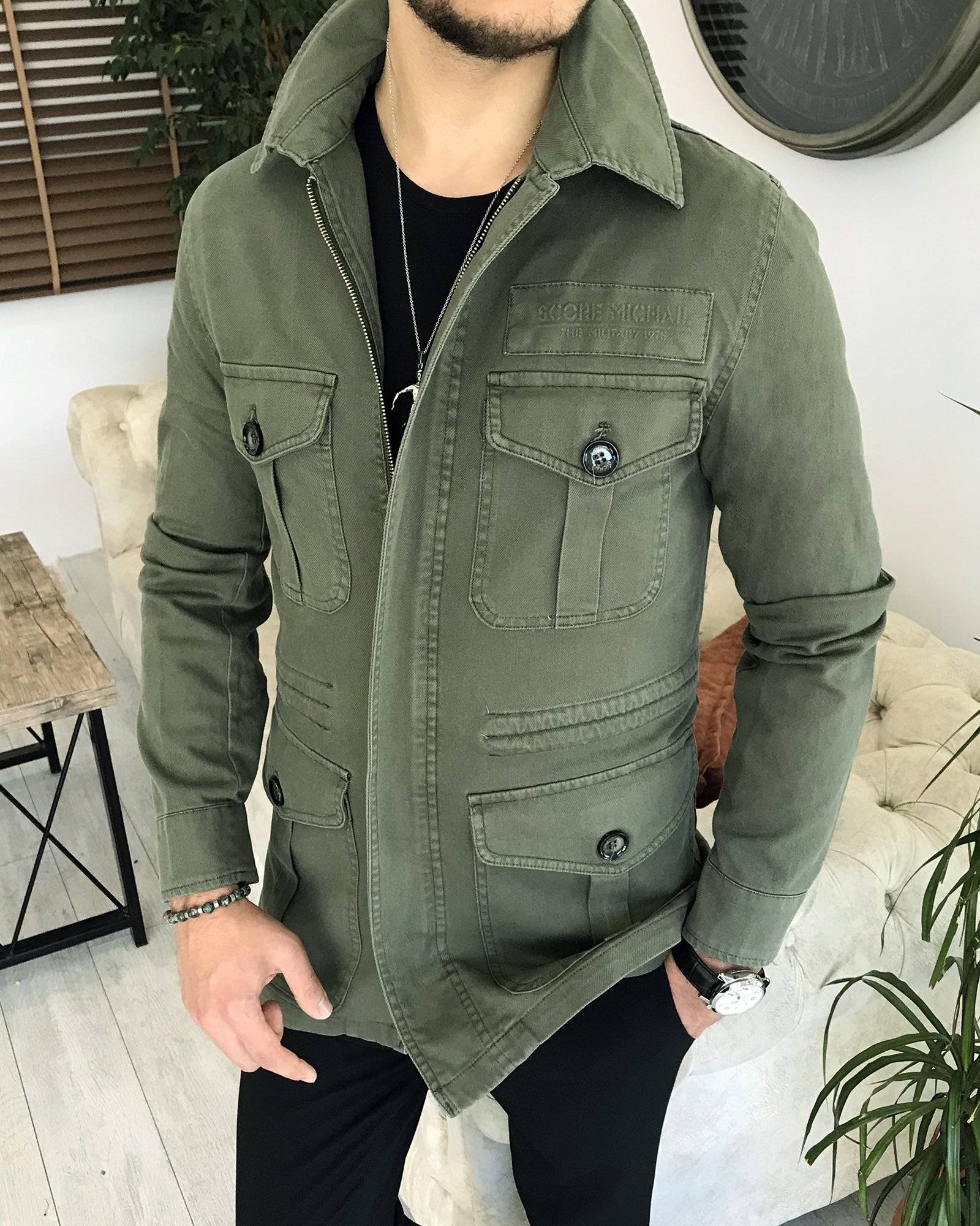 İtalyan stil slim fit ilkbahar yaz safari günlük ceket mont Yeşil T7995