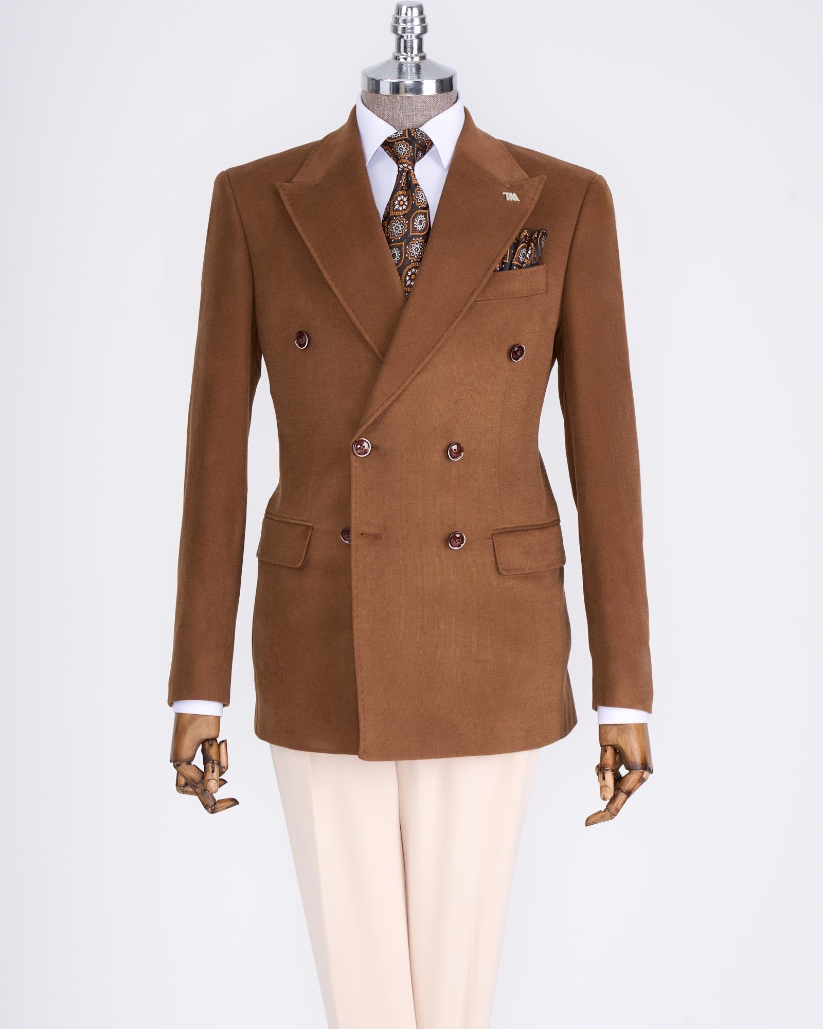 İtalyan stil slim fit kadife erkek tek ceket kahverengi T13184