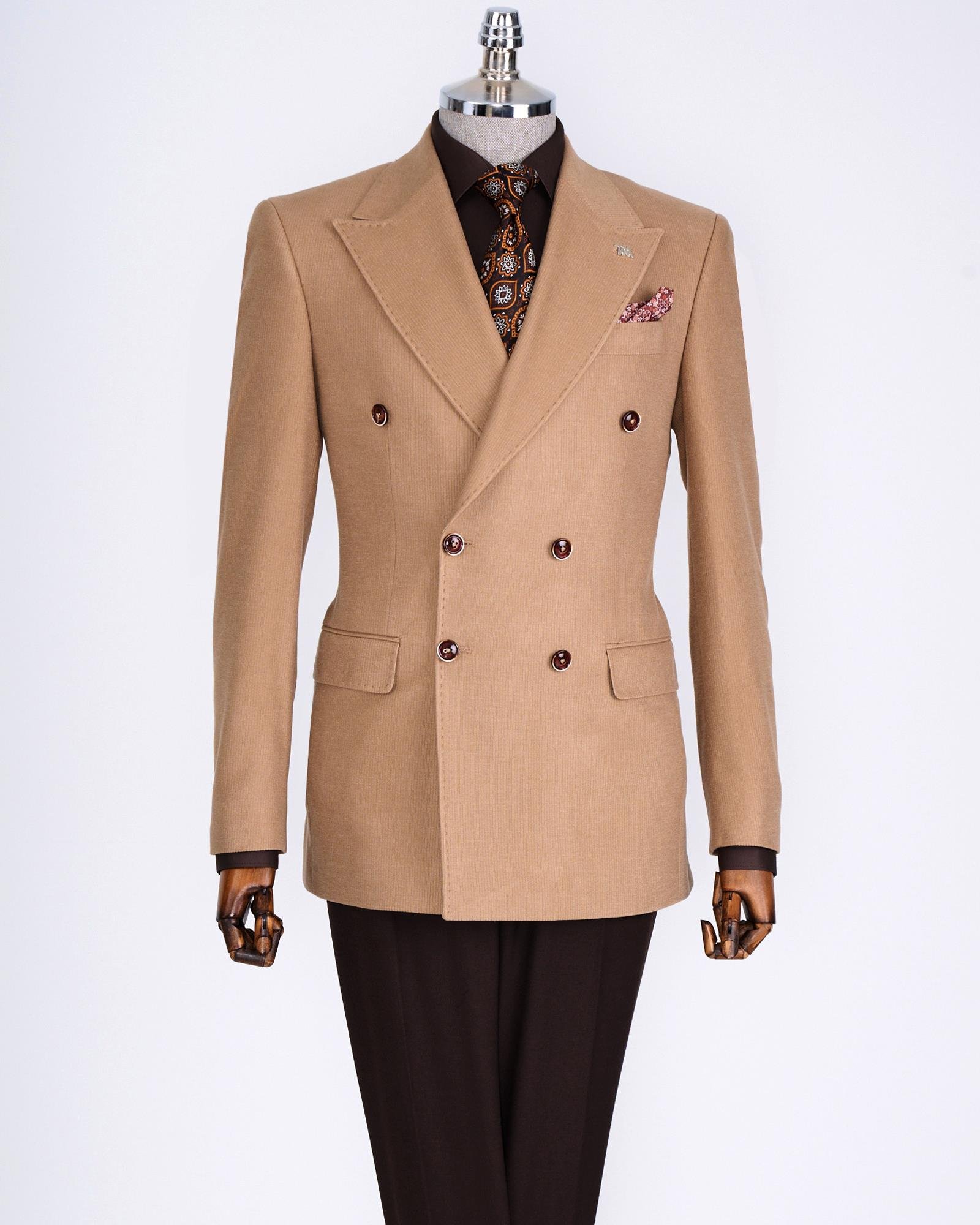 İtalyan stil slim fit kadife erkek tek ceket camel T13183
