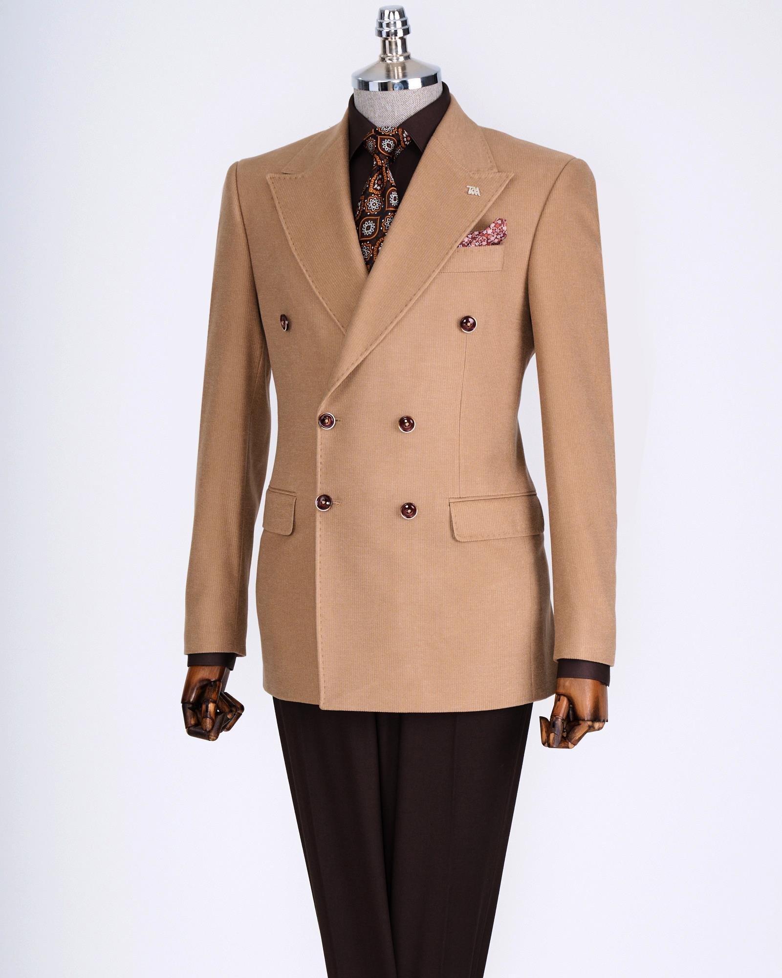 İtalyan stil slim fit kadife erkek tek ceket camel T13183