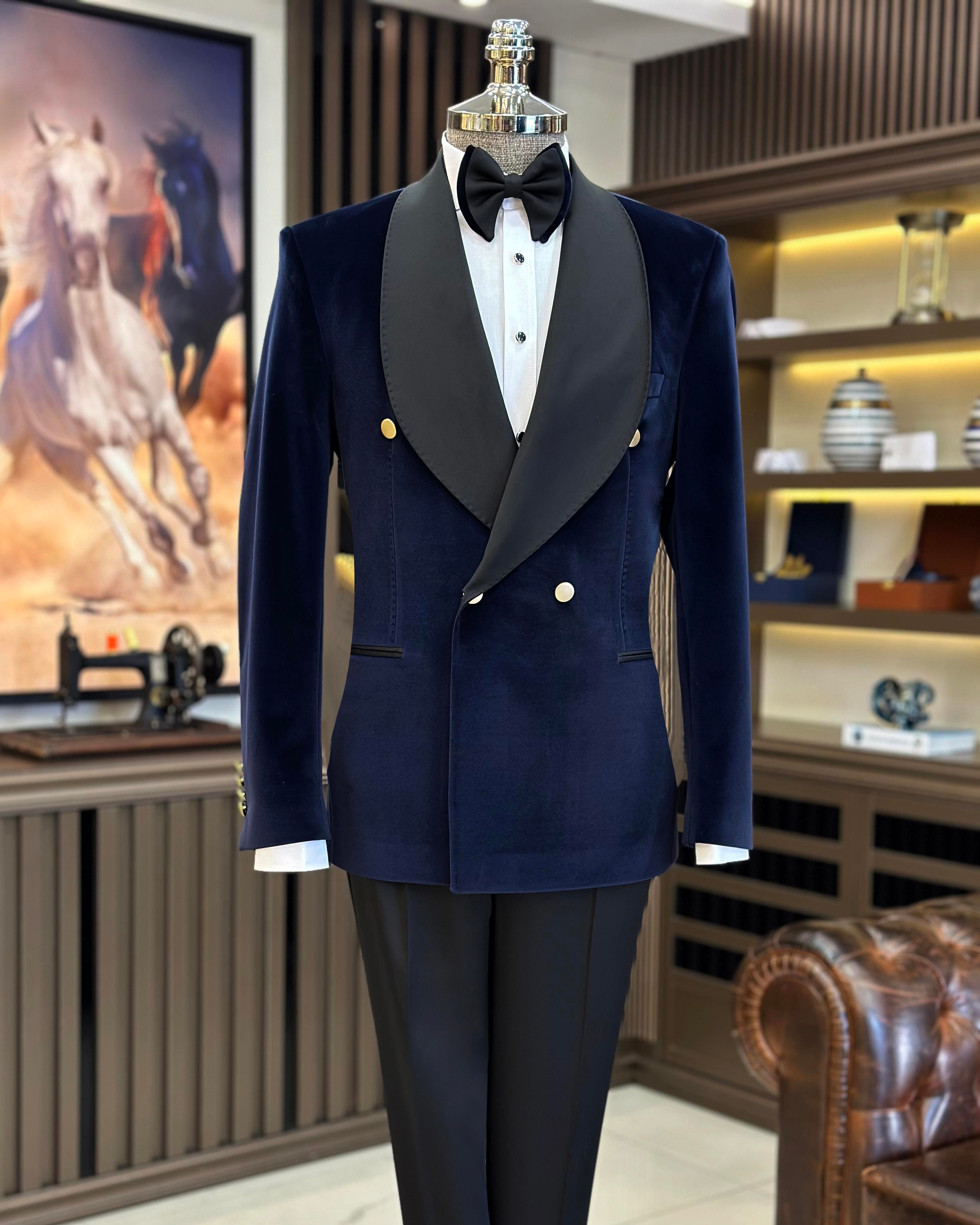 İtalyan stil slim fit kadife kruvaze ceket pantolon damatlık set lacivert T11593