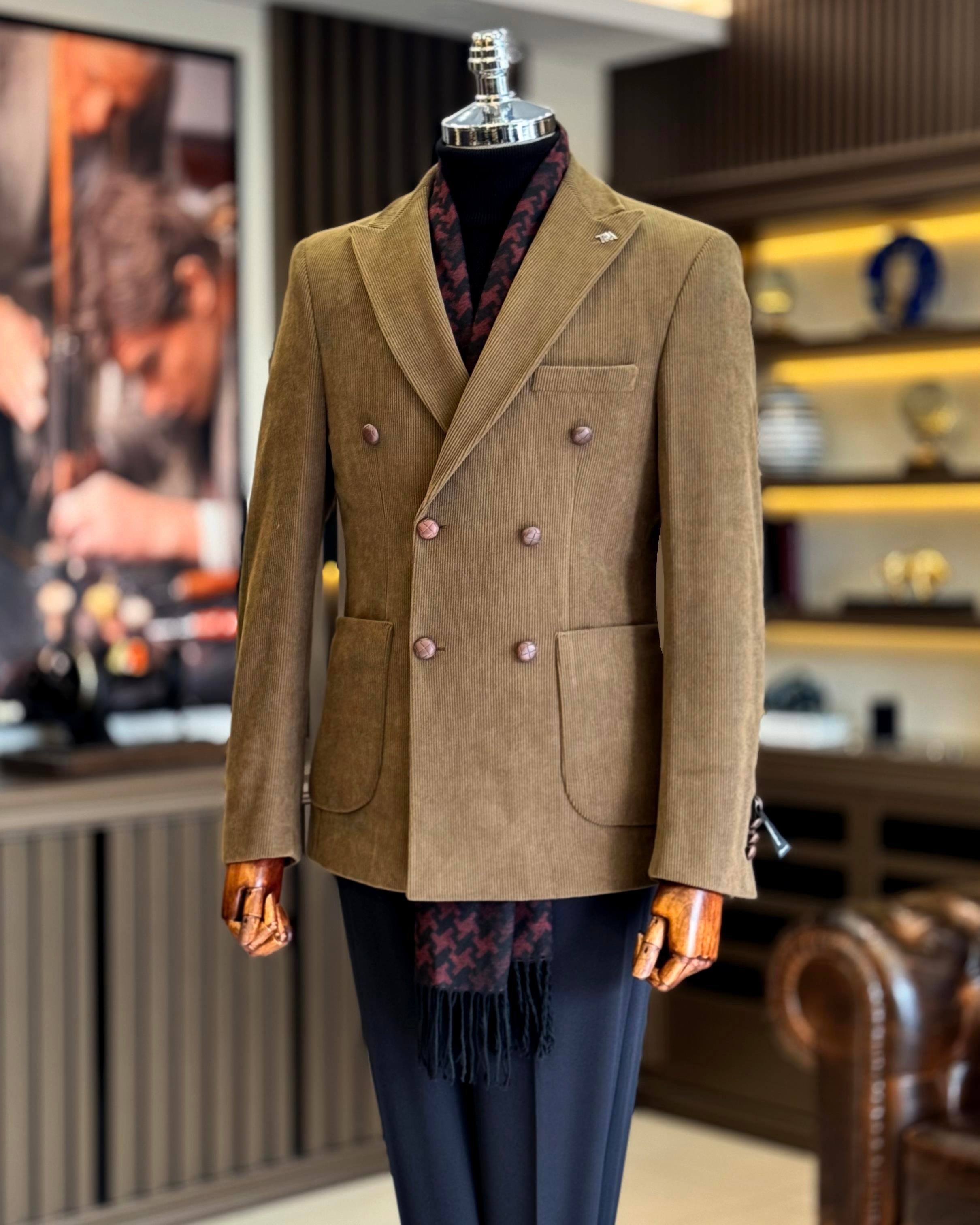 İtalyan stil slim fit kadife kruvaze tek ceket camel T13040