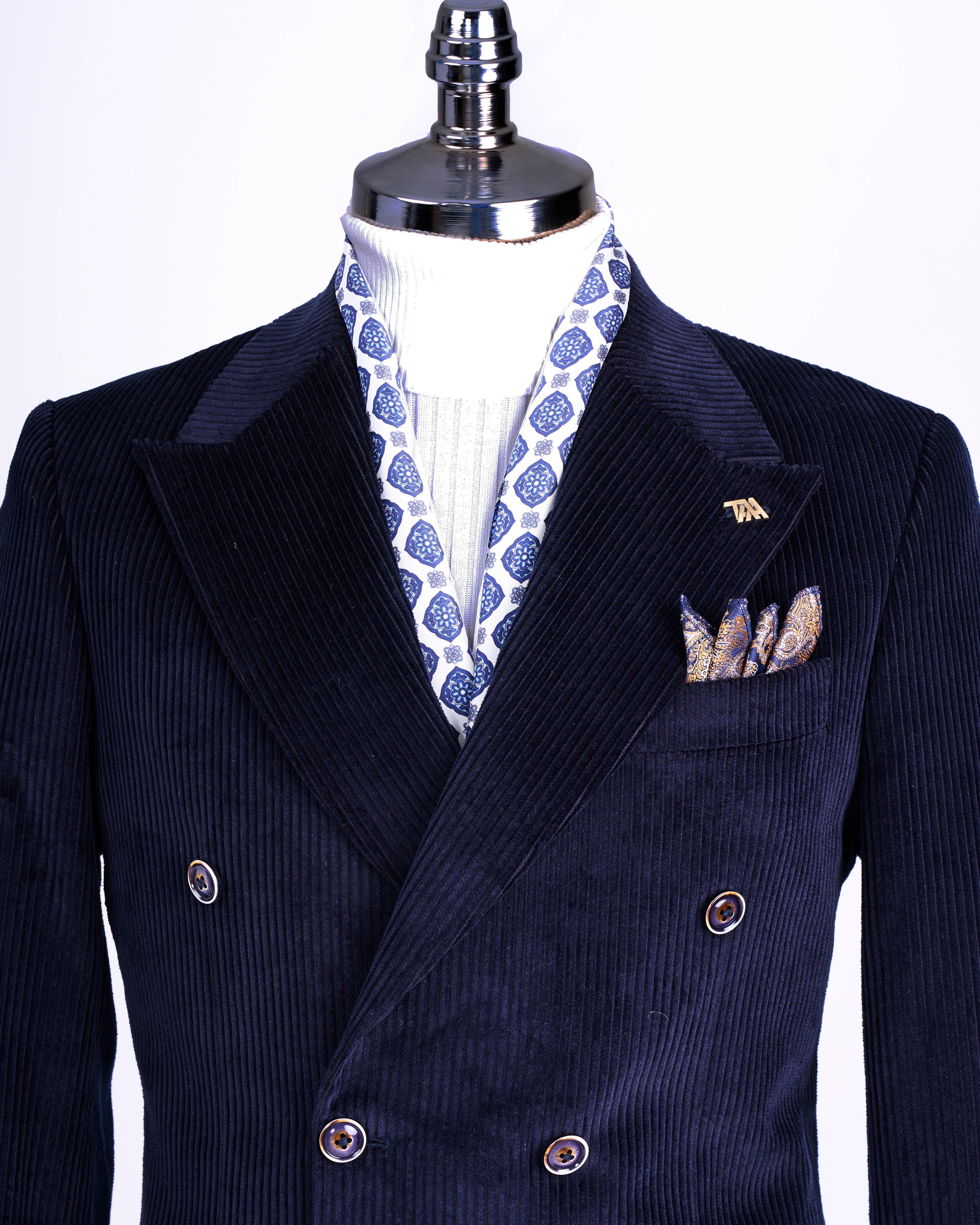 İtalyan stil slim fit kadife kruvaze tek ceket lacivert T13452