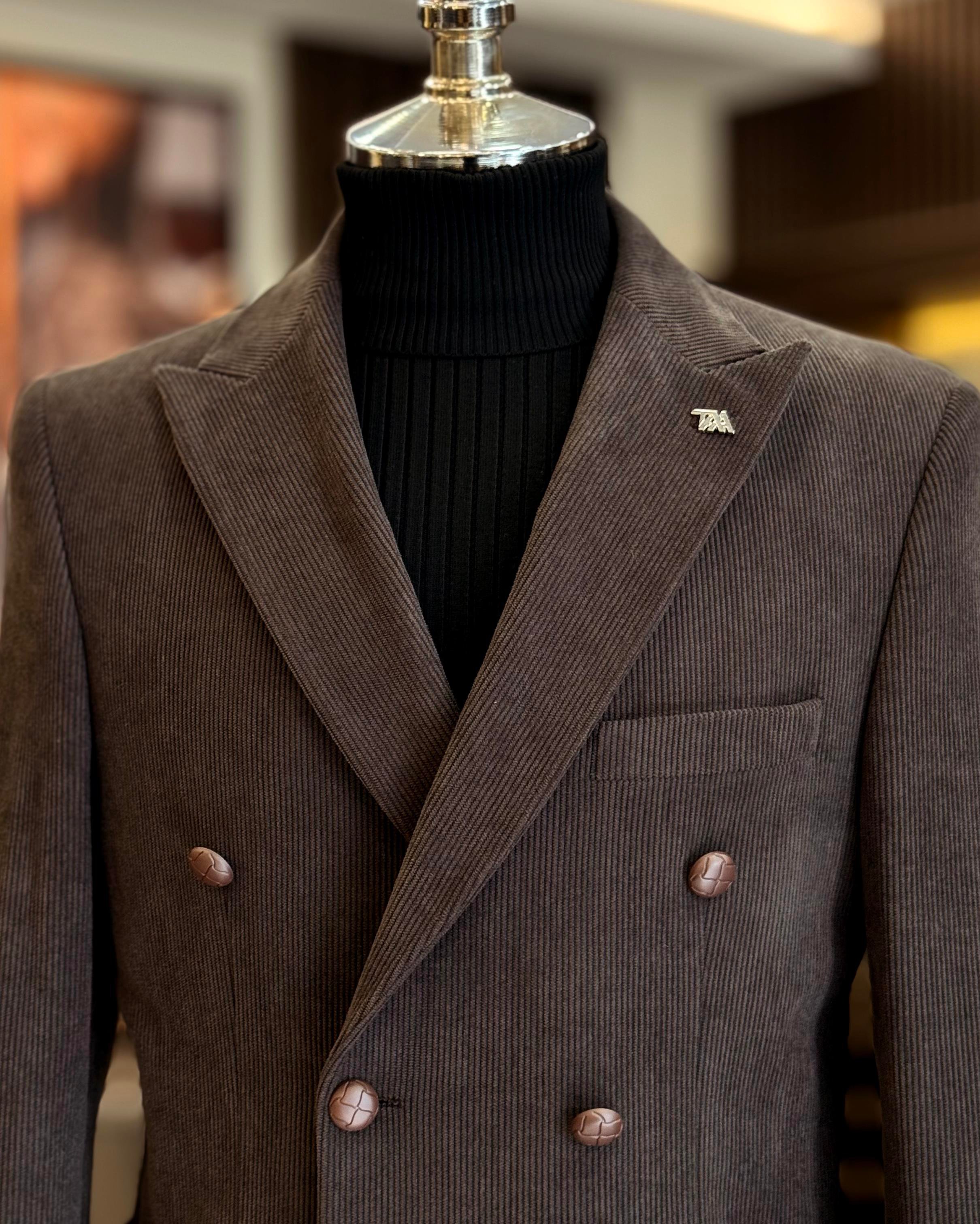 İtalyan stil slim fit kadife kruvaze tek ceket kahverengi T13038