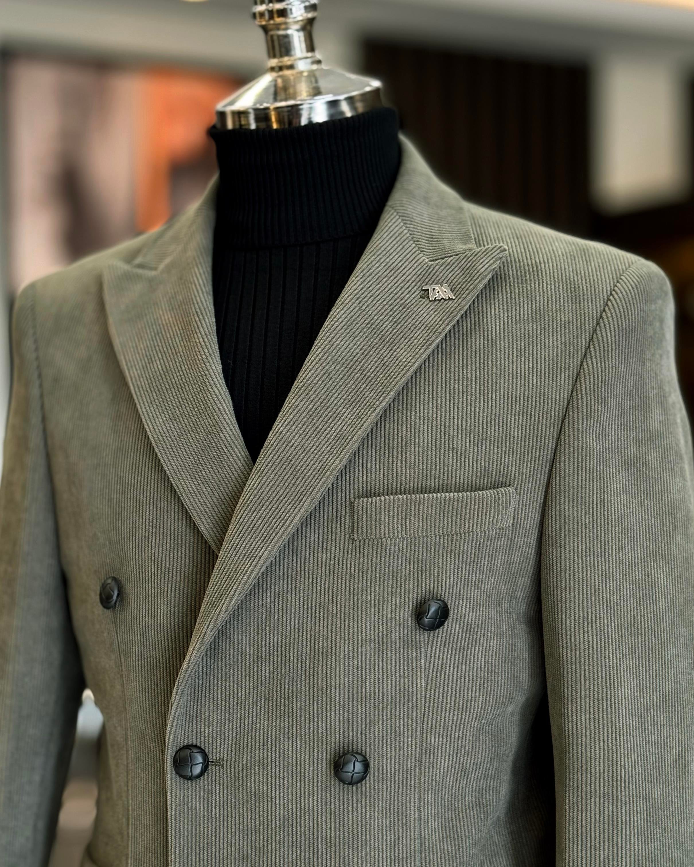 İtalyan stil slim fit kadife kruvaze tek ceket haki T13041