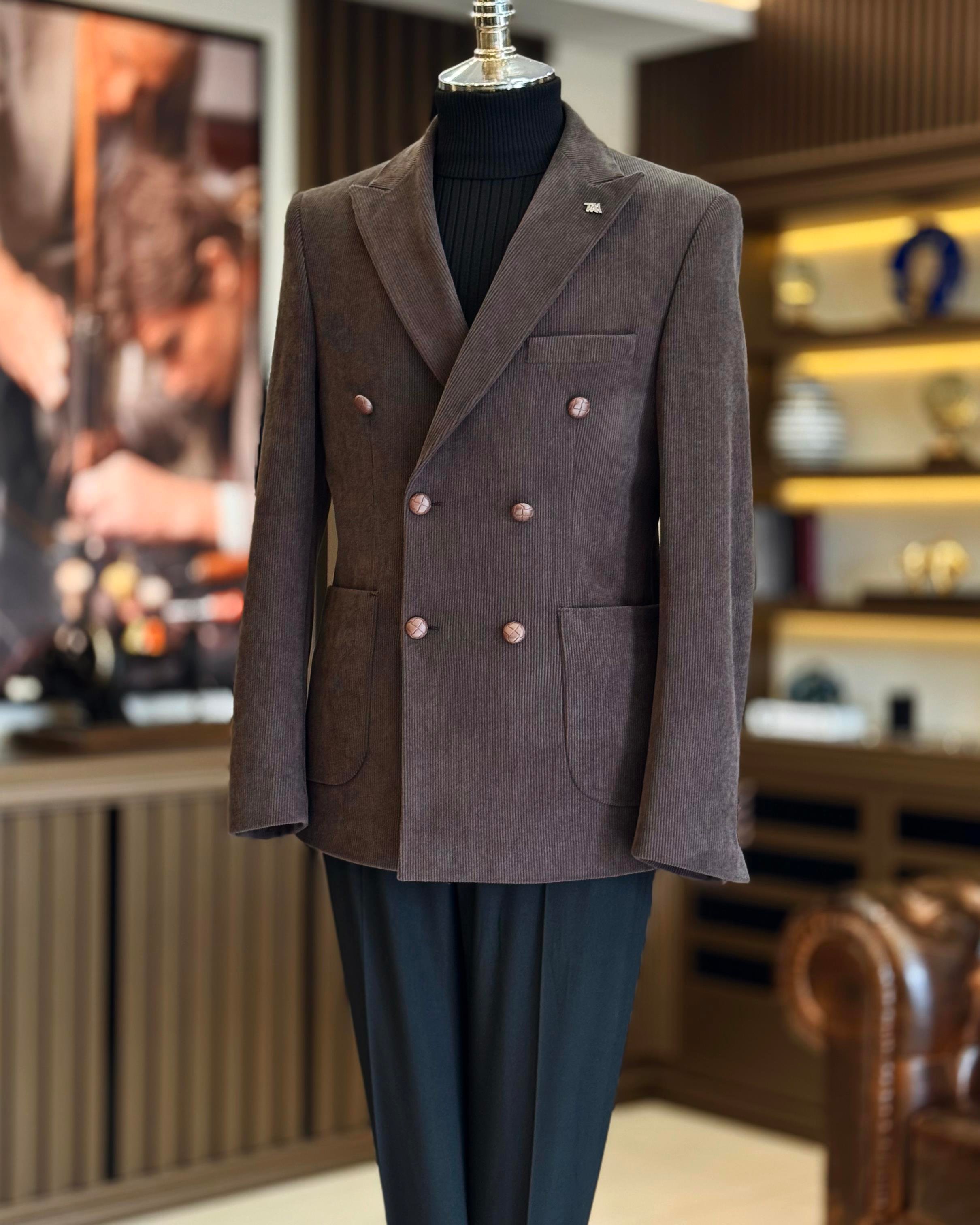 İtalyan stil slim fit kadife kruvaze tek ceket kahverengi T13038