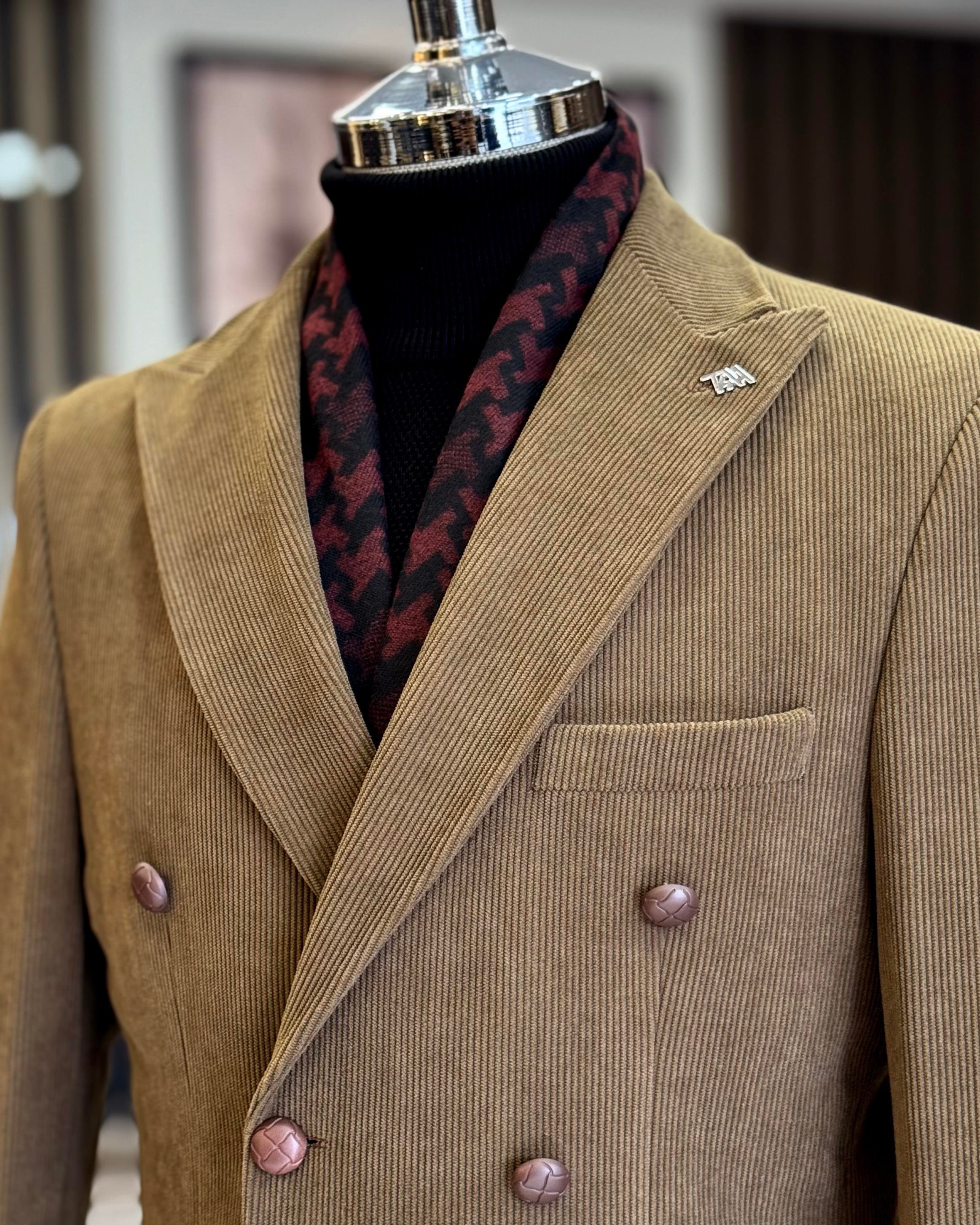 İtalyan stil slim fit kadife kruvaze tek ceket camel T13040