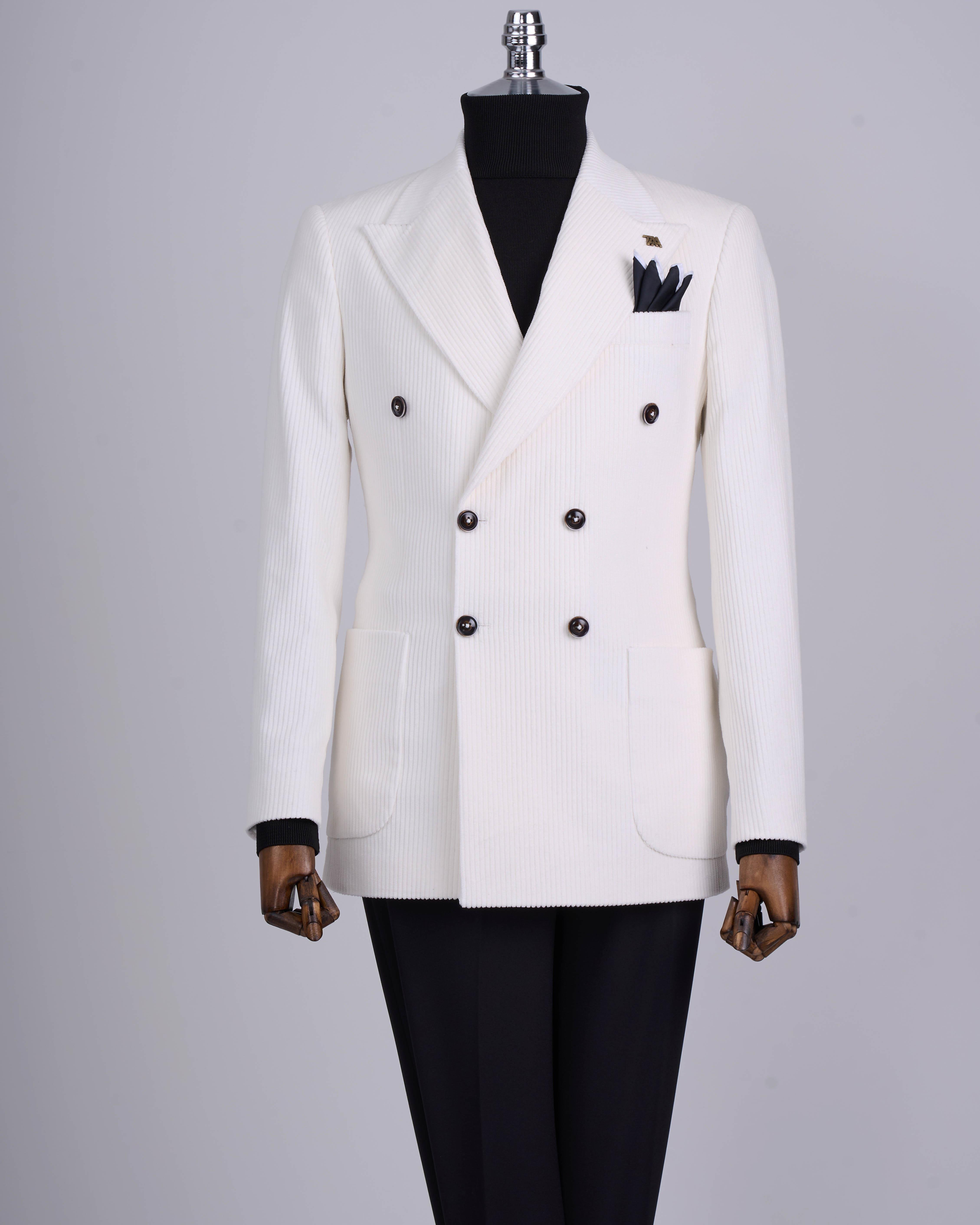 İtalyan stil slim fit kadife kruvaze tek ceket Ekru T13454